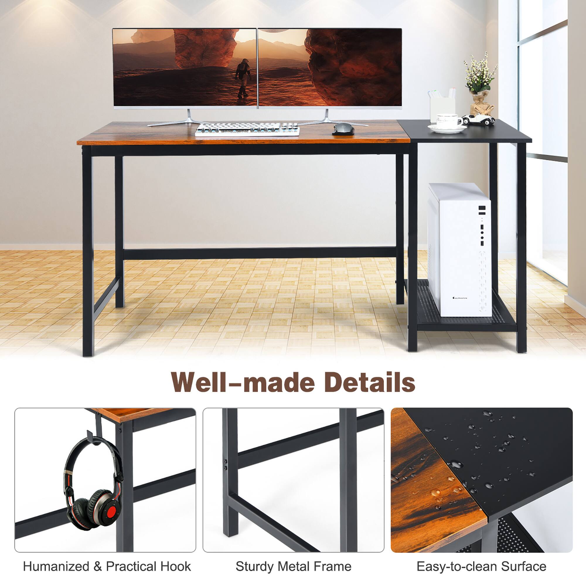 The text on the image reads: "Well-made Details Humanized & Practical Hook Sturdy Metal Frame Easy-to-clean Surface."