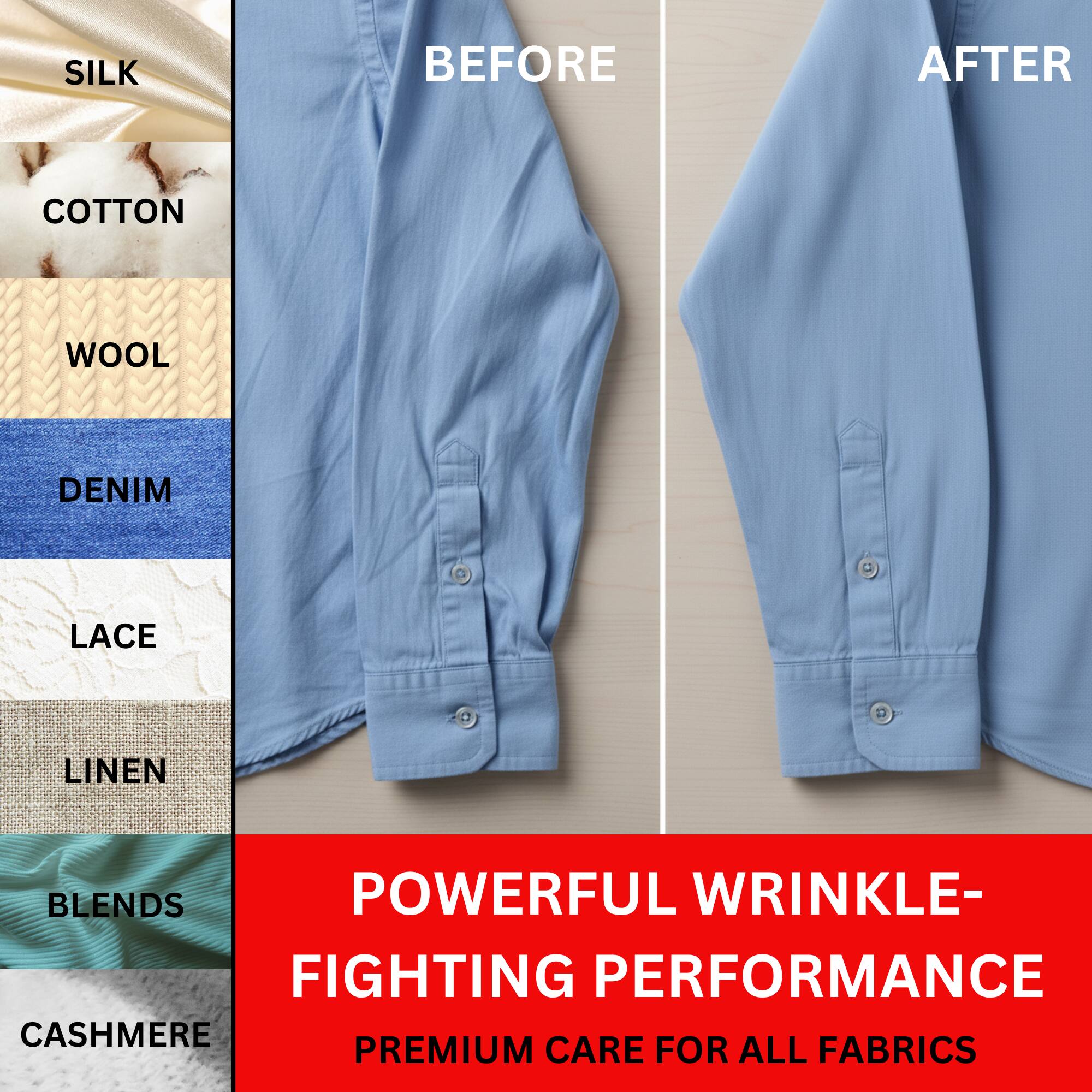 Sure, here is the corrected and grouped text from the image:

---

**SILK**  
**COTTON**  
**WOOL**  
**DENIM**  
**LACE**  
**LINEN**  
**BLEND**  
**CASHMERE**

**BEFORE**  
**AFTER**

**POWERFUL WRINKLE-FIGHTING PERFORMANCE**  
**PREMIUM CARE FOR ALL FABRICS**

---