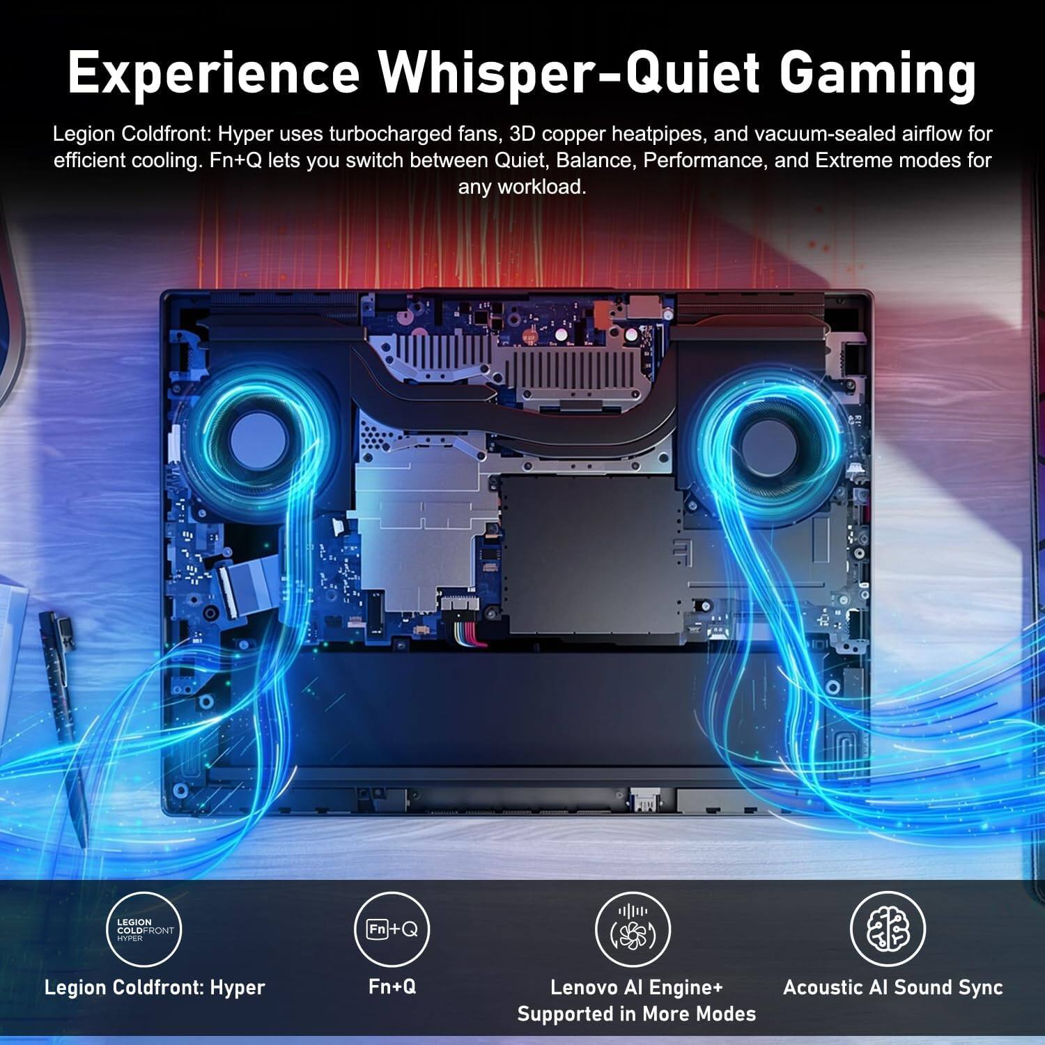 Experience Whisper-Quiet Gaming

Legion Coldfront: Hyper uses turbocharged fans, 3D copper heatpipes, and vacuum-sealed airflow for efficient cooling. Fn+Q lets you switch between Quiet, Balance, Performance, and Extreme modes for any workload.

LEGION COLDFRONT HYPER

Fn+Q

Lenovo AI Engine+ Acoustic AI Sound Sync

Supported in More Modes