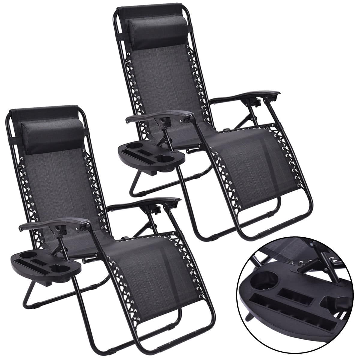 Costway - 2 PCS Zero Gravity Chairs Lounge Patio Folding Recliner Outdoor with Cup Holder - Black