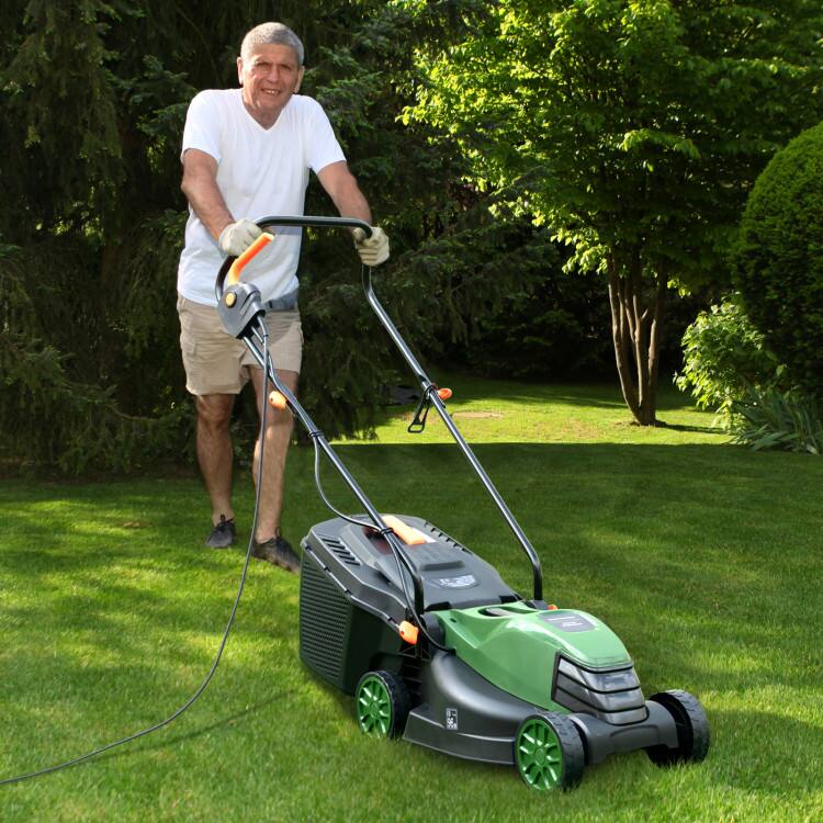 Left. SKONYON - 12 Amp 13.5 Inch Corded Electric Lawn Mower Adjustable Height - Green.