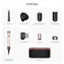 In the box, there are various hair care products, including a conical barrel, a wave and curl diffuser, a large round volumizing brush, a firm smoothing brush, a wide-tooth comb, an air dryer, a filter cleaning brush, and a presentation case.