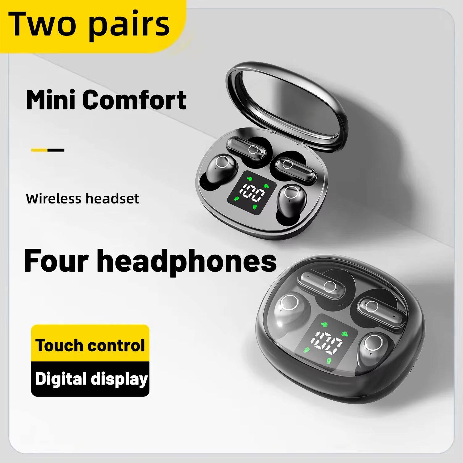 Two pairs Mini Comfort Wireless headset  
Four headphones  
Touch control  
Digital display