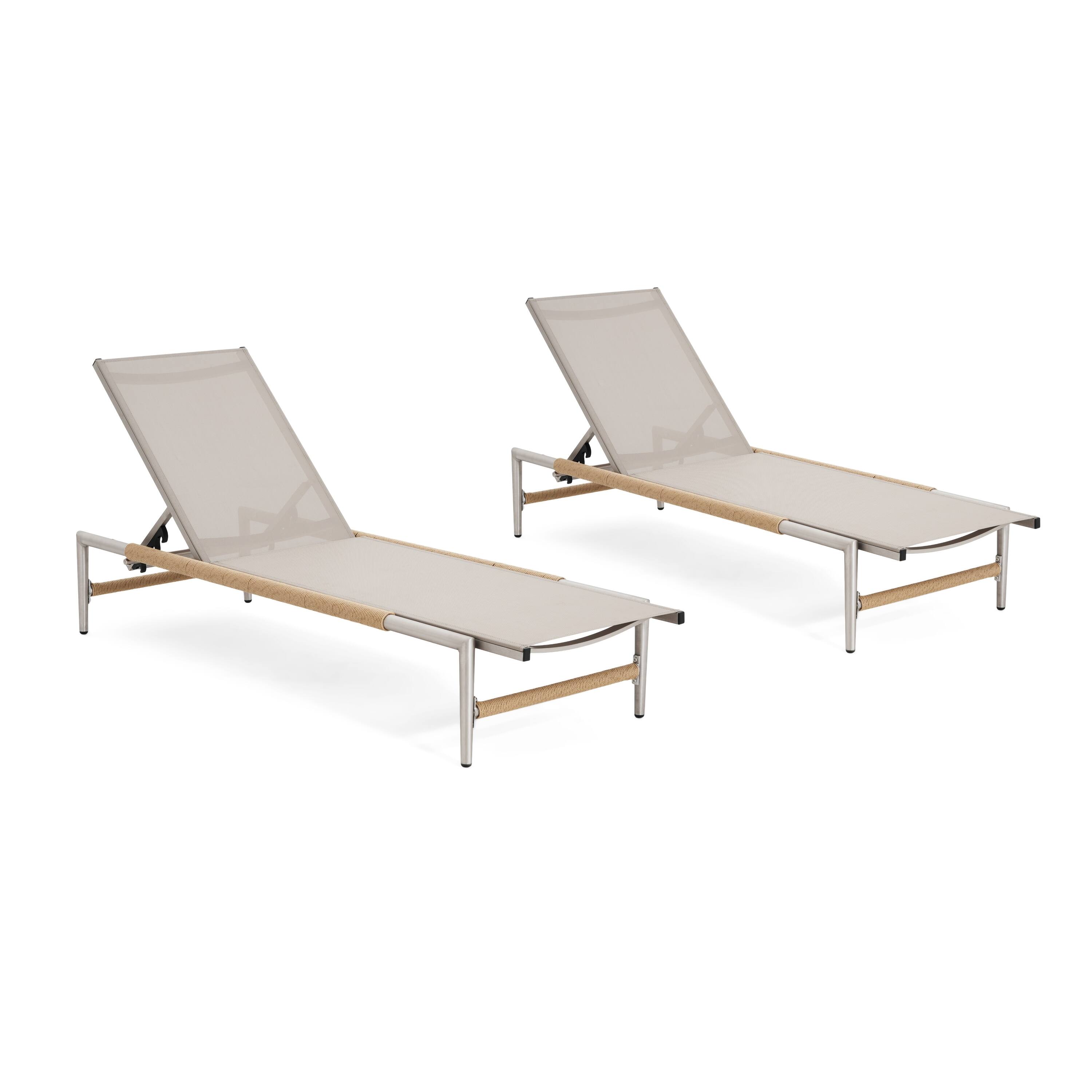 Angle. Mondawe - Set of 2 Outdoor Patio Aluminum Chaise Lounge - Natural+Silver.