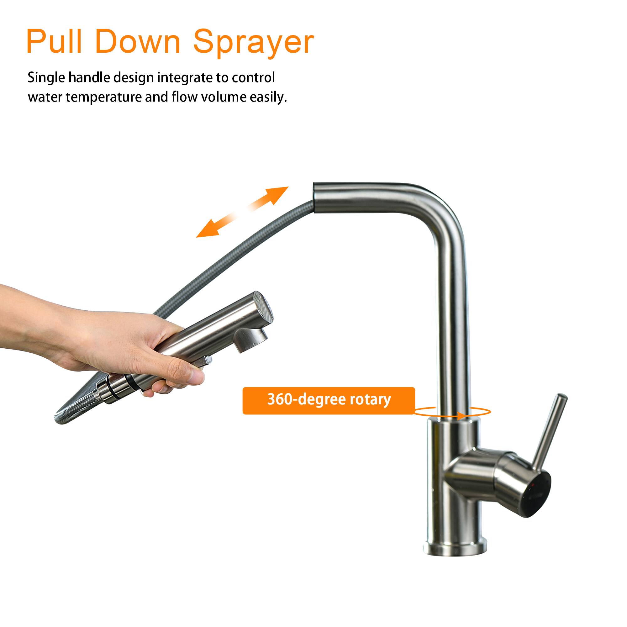 Pull Down Sprayer

Single handle design integrates to control water temperature and flow volume easily.

360-degree rotary