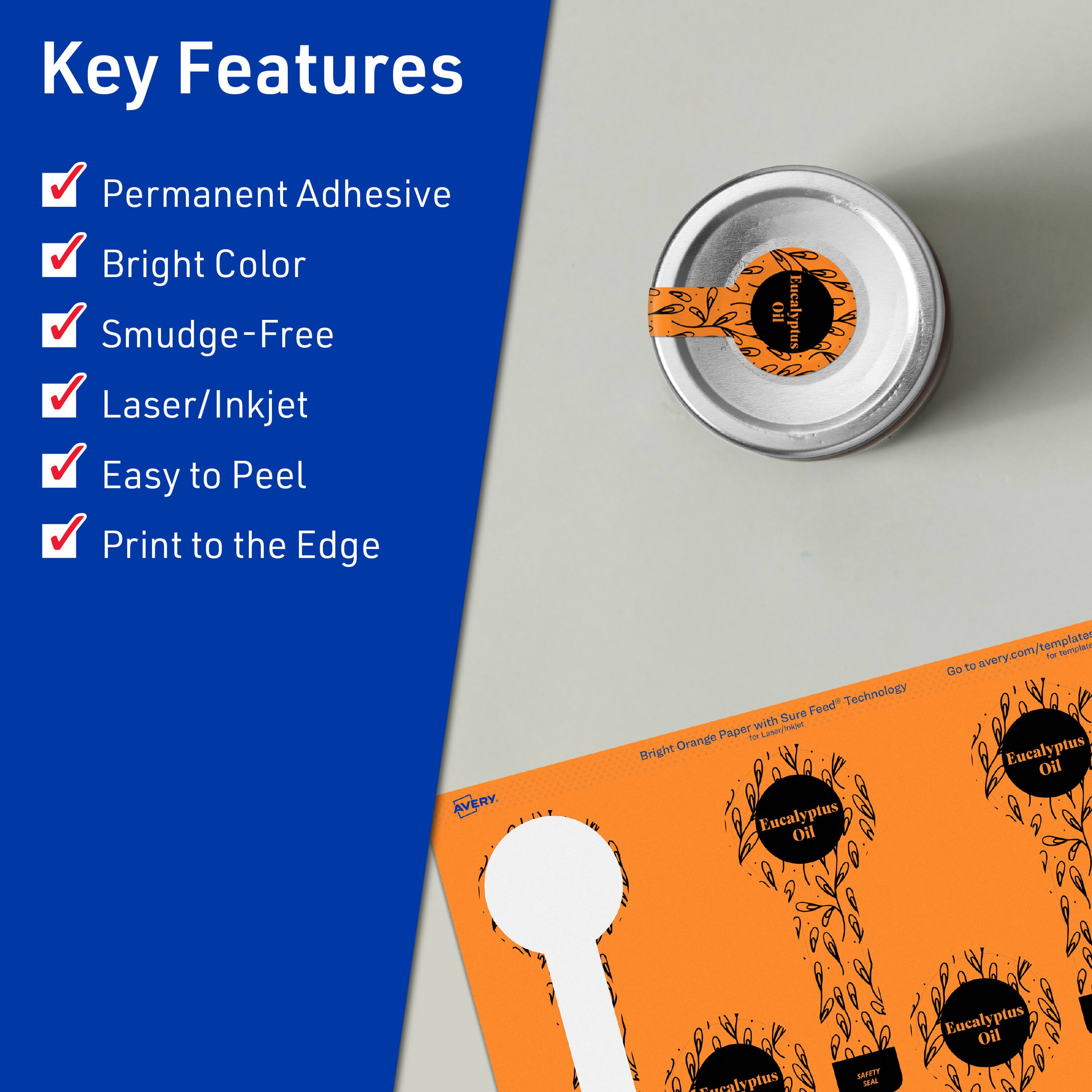 Key Features  
- Permanent Adhesive  
- Bright Color  
- Smudge-Free  
- Laser/Inkjet  
- Easy to Peel  
- Print to the Edge  

Bright Orange Paper with Sure Feed™ Technology  

Eucalyptus Oil  

AVERY  

Go to avery.com/templates for templates