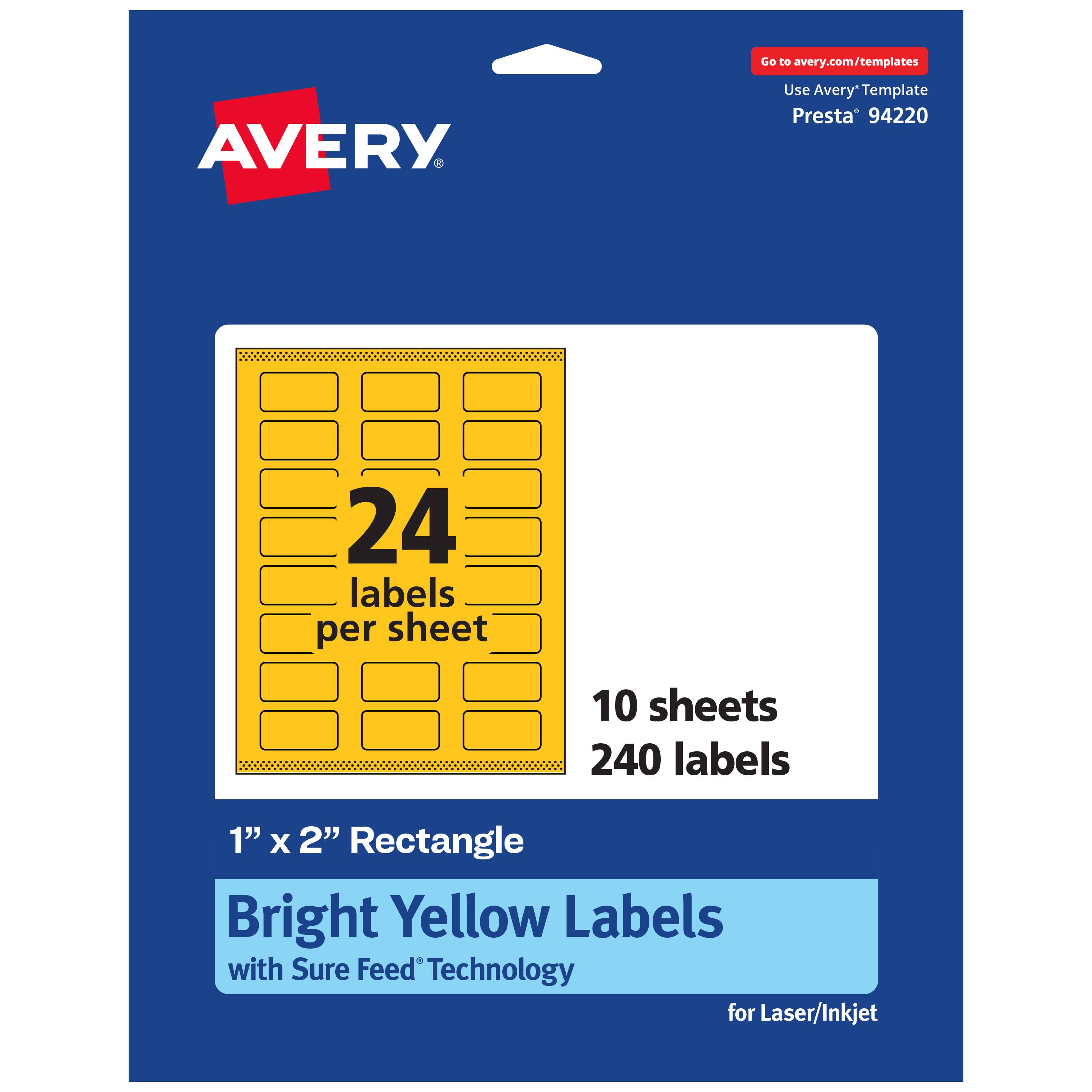 Go to avery.com/templates  
Use Avery Template Presta® 94220  
24 labels per sheet  
10 sheets  
240 labels  
1" x 2" Rectangle  
Bright Yellow Labels with Sure Feed® Technology for Laser/Inkjet