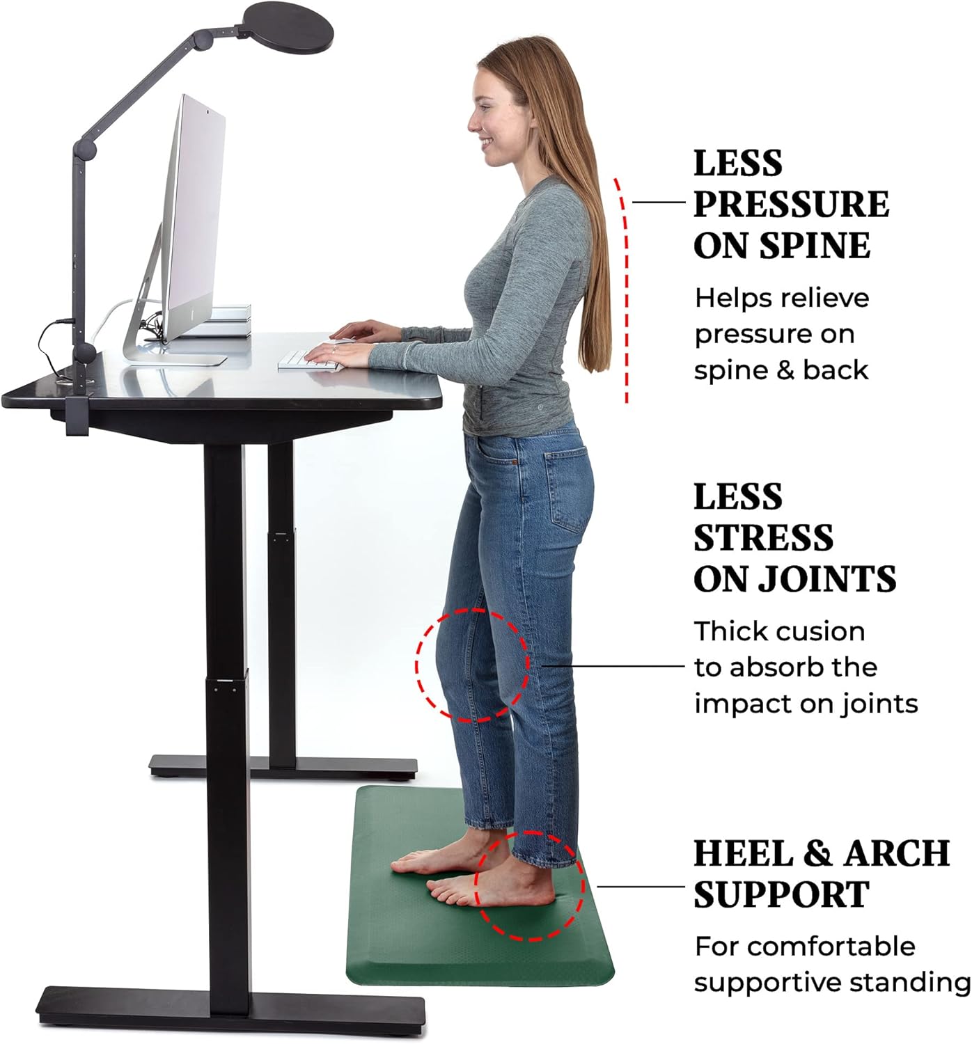 - LESS PRESSURE ON SPINE: Helps relieve pressure on spine & back
- LESS STRESS ON JOINTS: Thick cushion to absorb the impact on joints
- HEEL & ARCH SUPPORT: For comfortable supportive standing