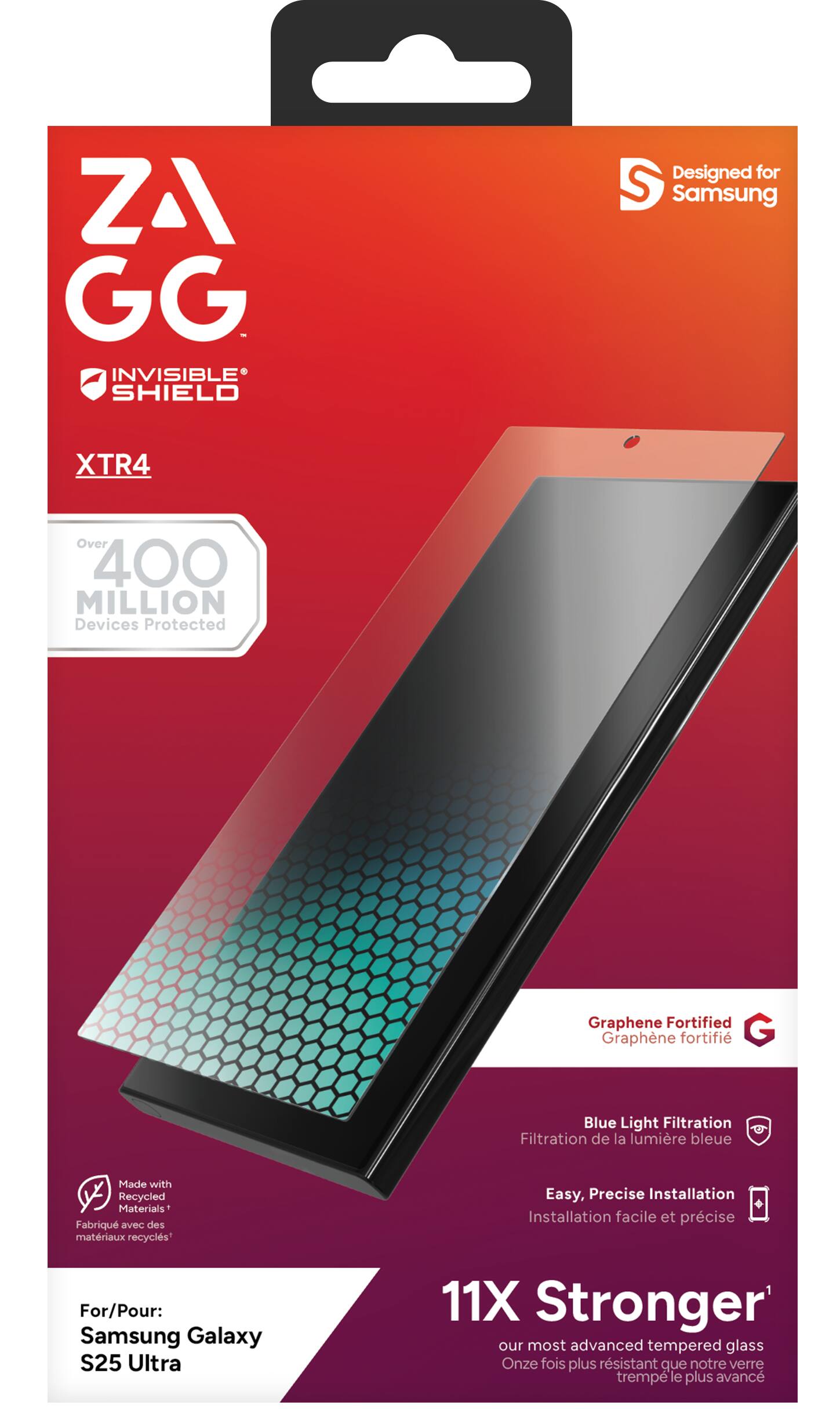 ZAGG InvisibleShield is designed for Samsung XTR4. Over 400 million devices have been protected with this product. It is made with Graphene Fortified Graphene, which provides Blue Light Filtration. The product is made with recycled materials and offers easy, precise installation. It is specifically designed for the Samsung Galaxy S25 Ultra and is 11 times stronger than our most advanced tempered glass.