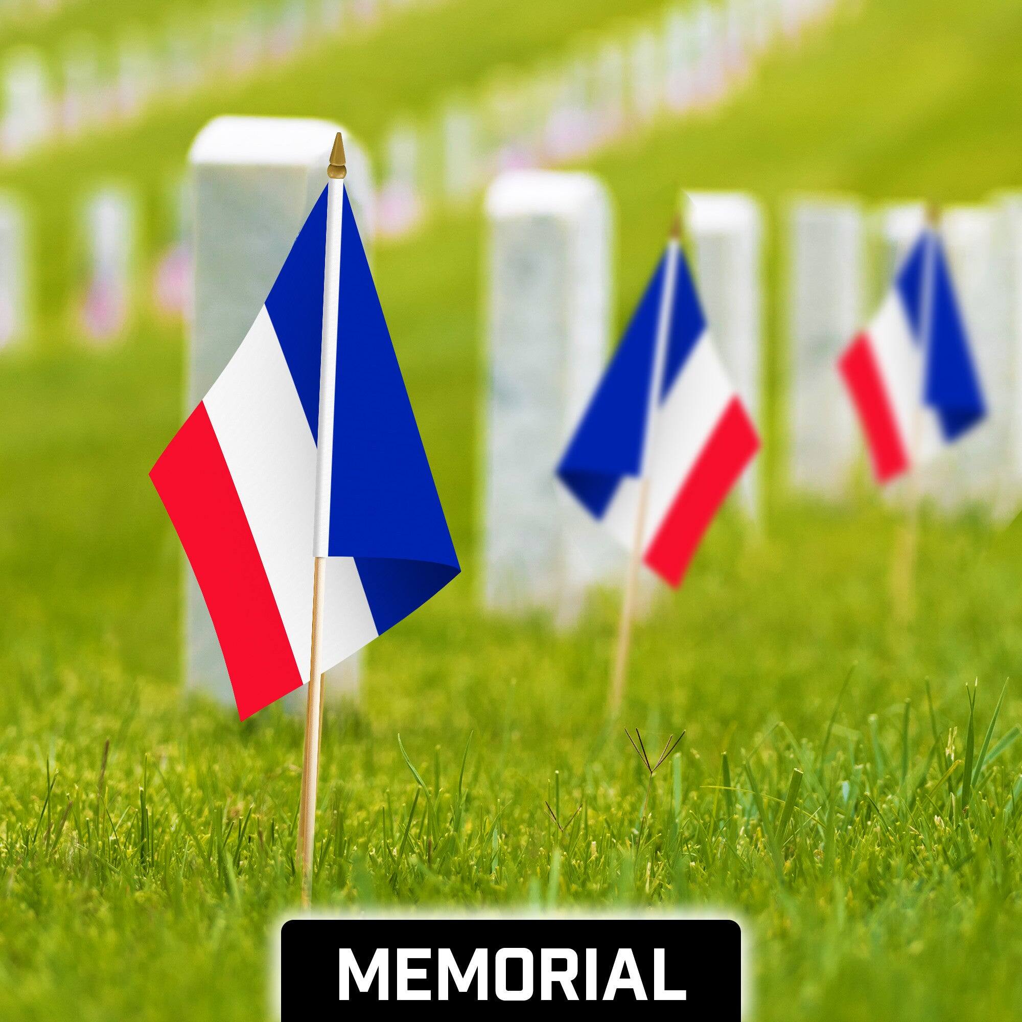 Back. G128 - 50-Pack Handheld France Flags 12 x 18 in 150D Polyester with Wooden Stick and Gold Spear Tip - Assorted Colors.