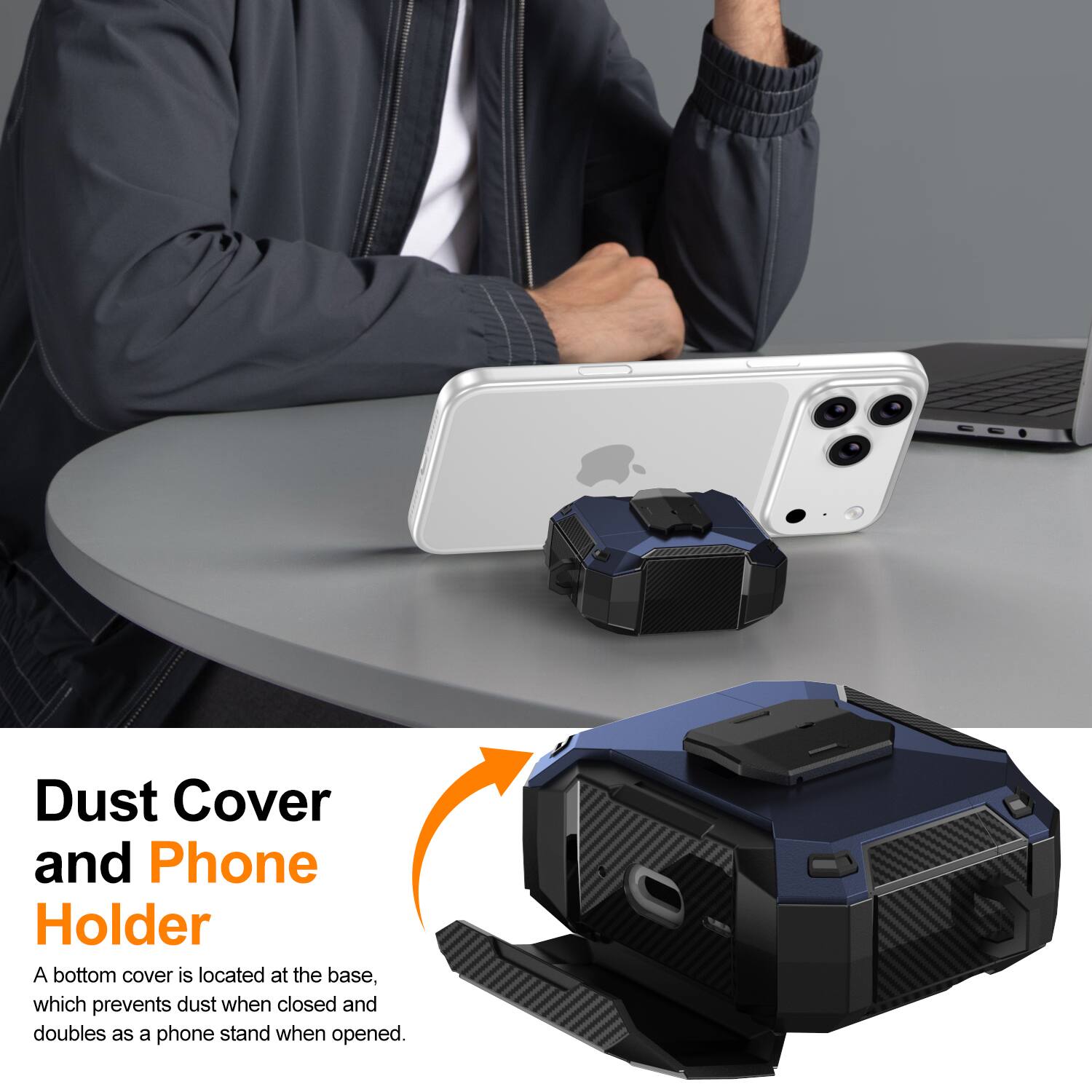Dust Cover and Phone Holder

A bottom cover is located at the base, which prevents dust when closed and doubles as a phone stand when opened.