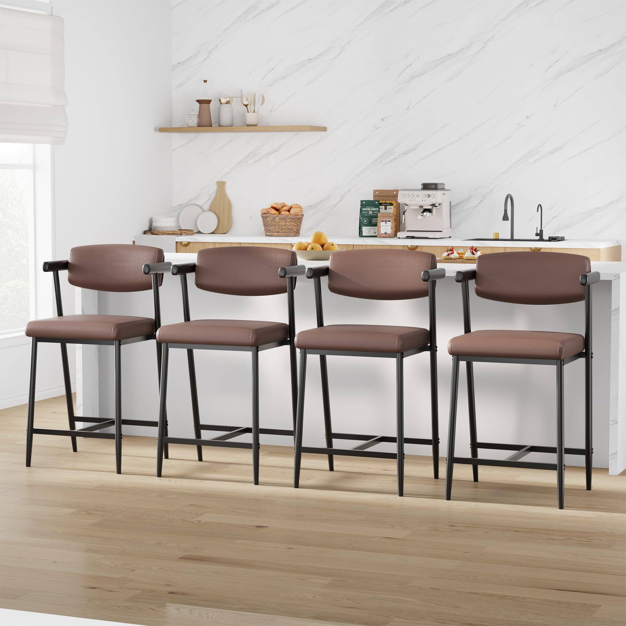 Back. Babevy - Bar Stools Set of 4 with Armrests, Metal Counter Height Bar Stools Set with Upholstered Seat, Footrest & Soft Back - Brown.