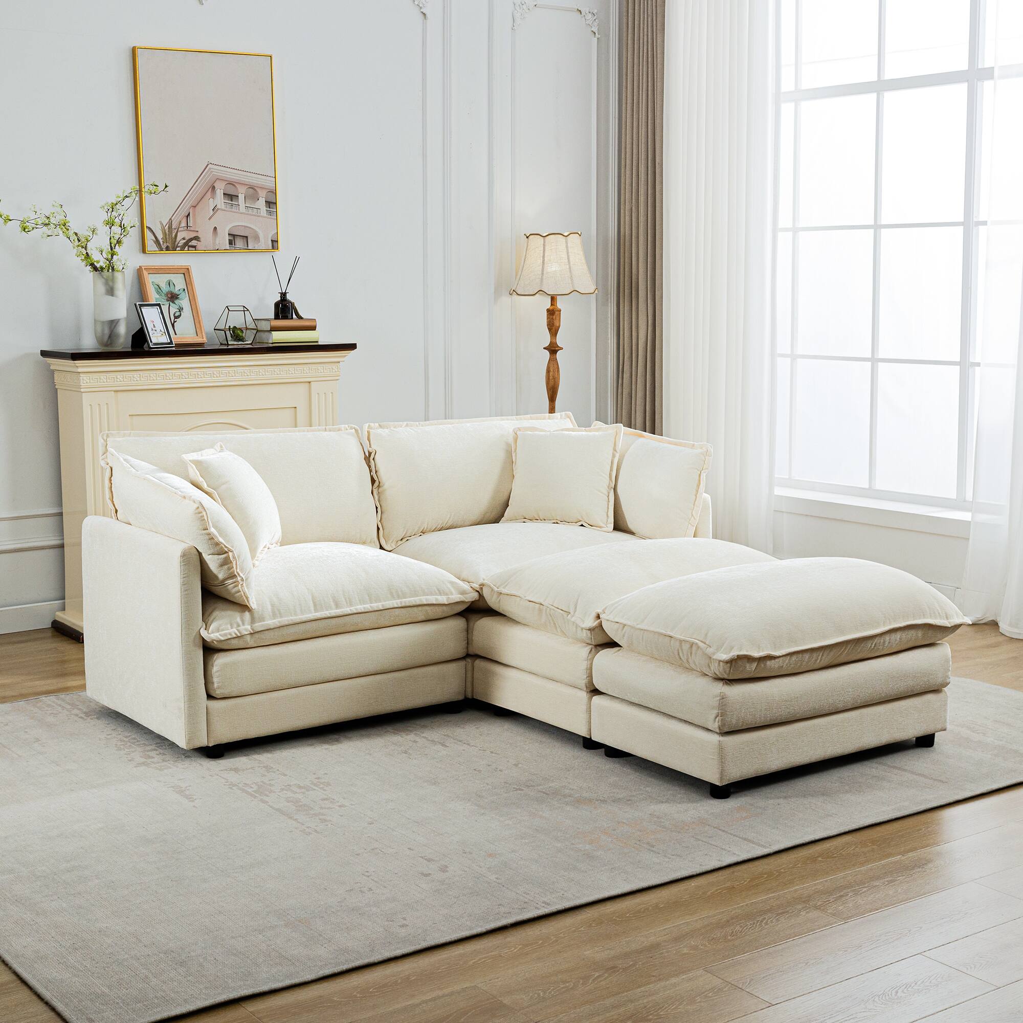 Alt View 6. KERDOM - Loveseat Sofa Modular Sectional Sofa Small Couch with 2 Ottomans & Pillows for Small Space Convertible 2 Seater Couch - Beige.