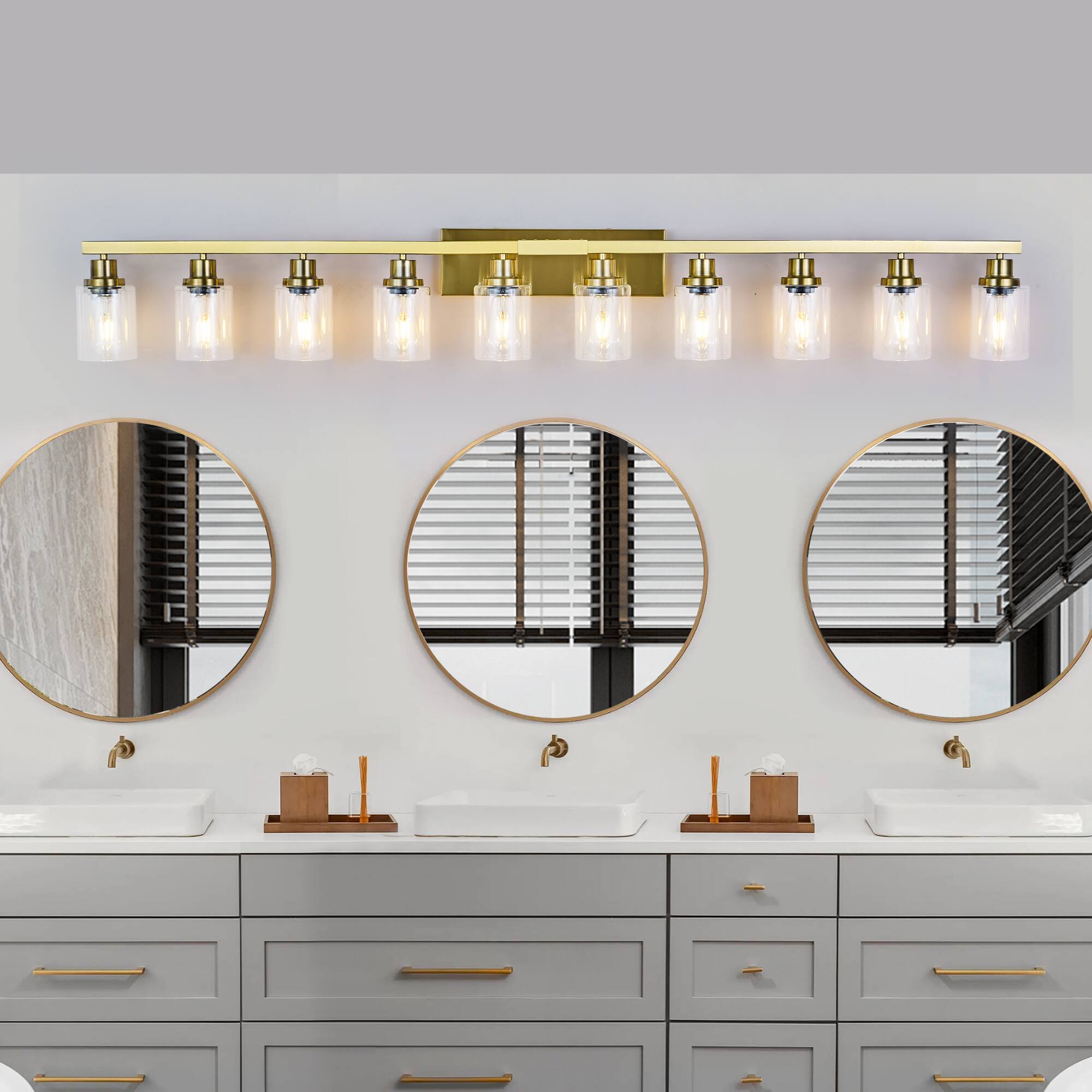 Left. HOMLUX - 65.35 in. 10 Lights Gold LED Vanity Light Bar Vanity Accent Lighting Fixtures and Metal Wall Sconces with Crystal Shade.