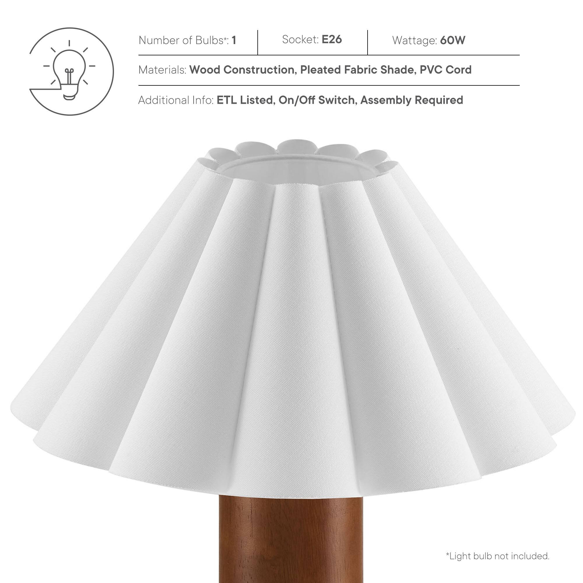 Number of Bulbs: 1  
Socket: E26  
Wattage: 60W  

Materials: Wood Construction, Pleated Fabric Shade, PVC Cord  

Additional Info: ETL Listed, On/Off Switch, Assembly Required  

*Light bulb not included.