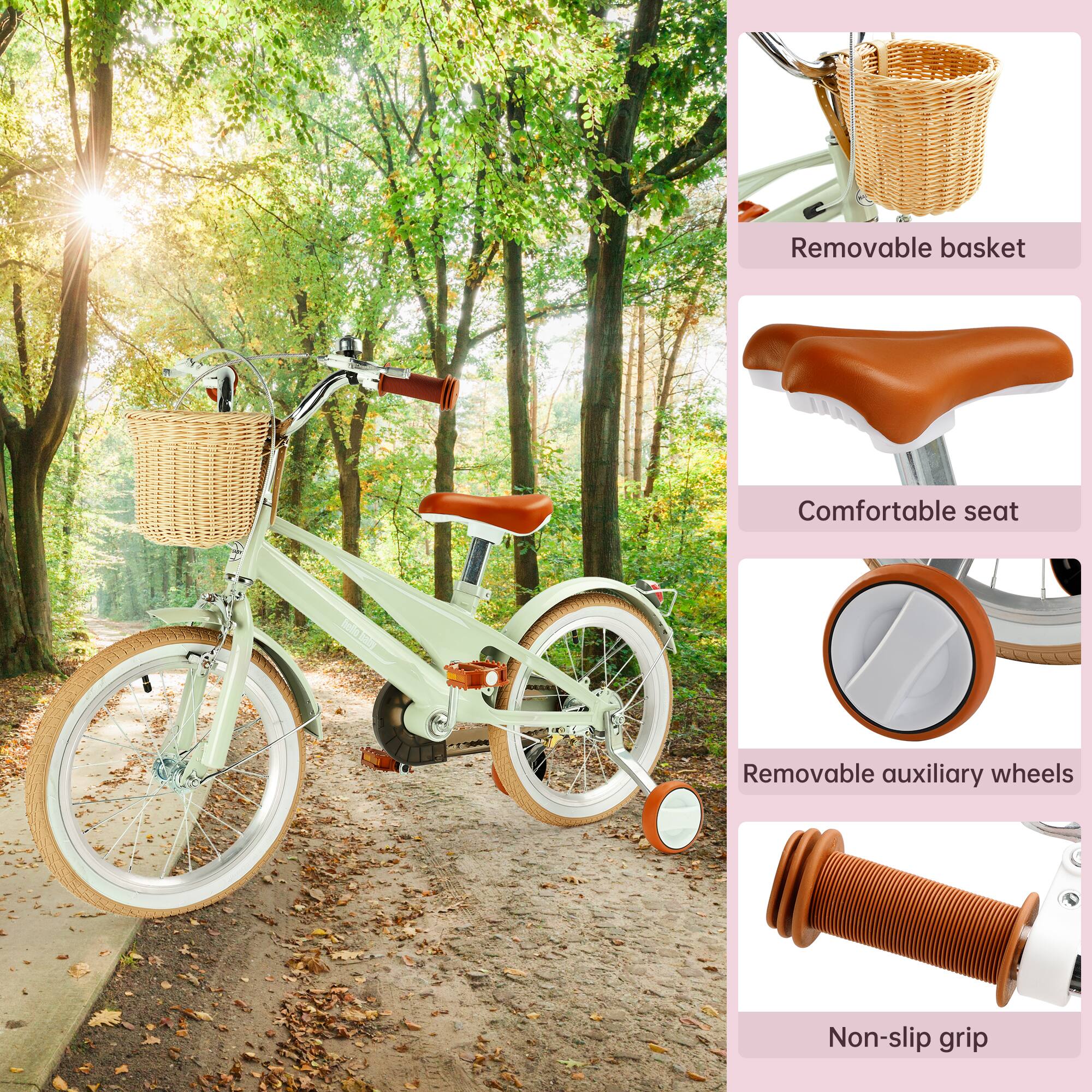 - Removable basket
- Comfortable seat
- Removable auxiliary wheels
- Non-slip grip
