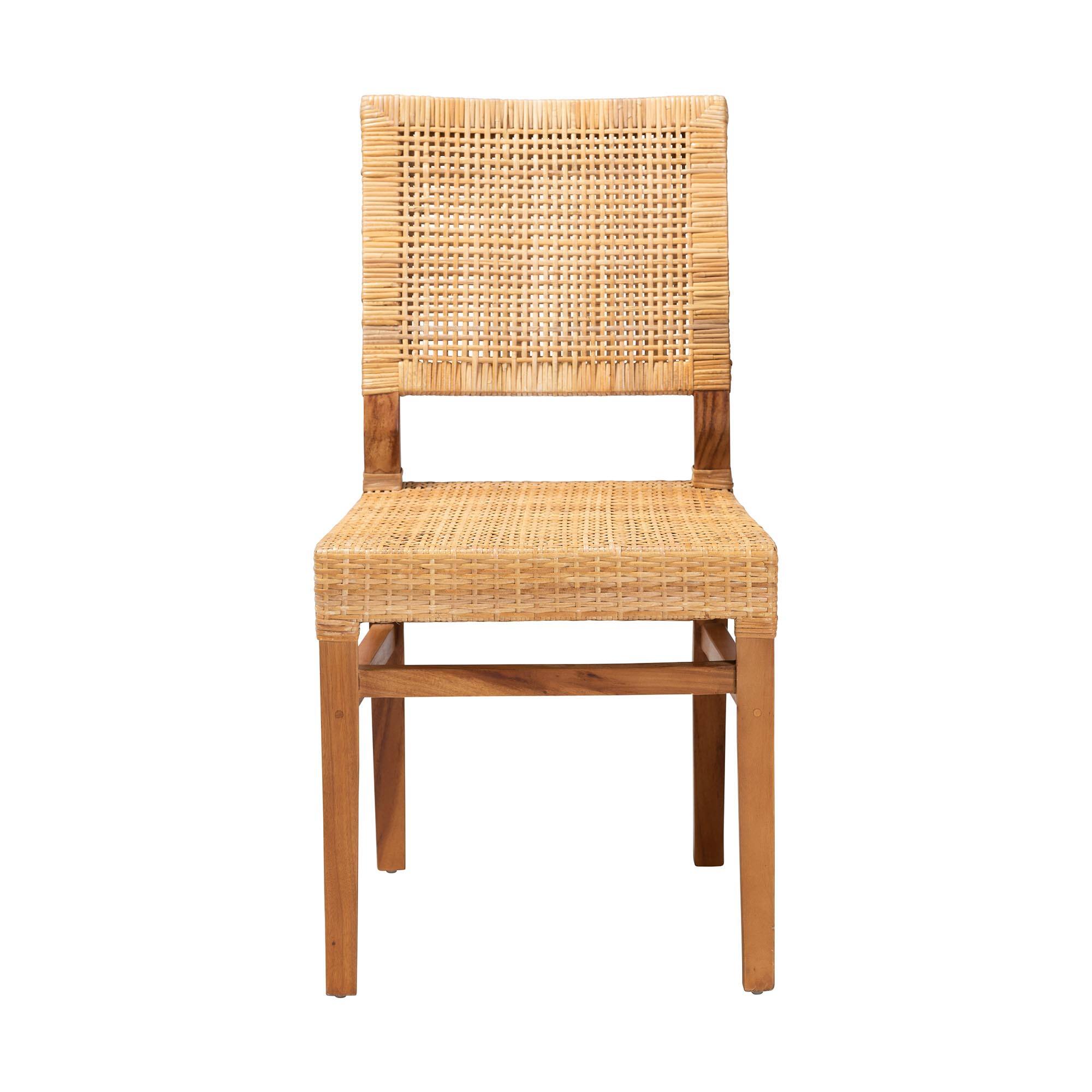 Angle. bali & pari - Lesia Modern Bohemian Rattan and Mahogany Wood Dining Chair - Natural Brown/Walnut Brown.