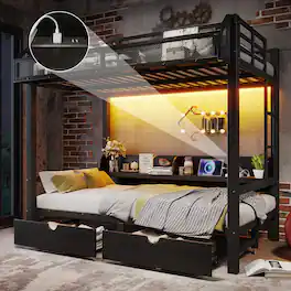 Anysun - Twin Over Twin Bunk Bed w/ Storage Shelves, Drawers, USB Ports, LED Lights, Lower Bed Converts to Sofa - Black