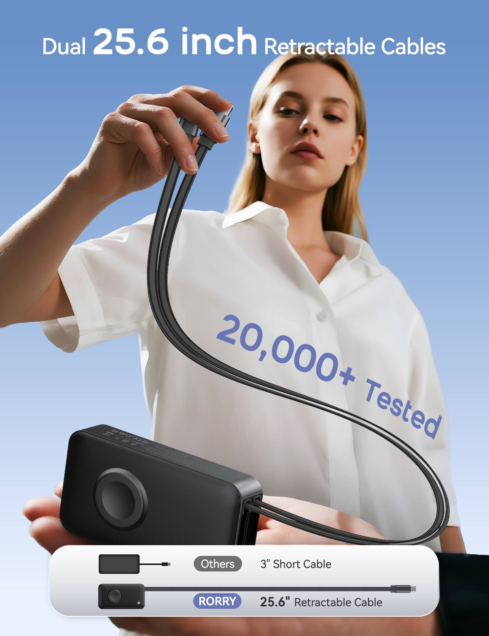 Dual 25.6 inch Retractable Cables

20,000+ Tested

Others
3" Short Cable
RORRY
25.6" Retractable Cable