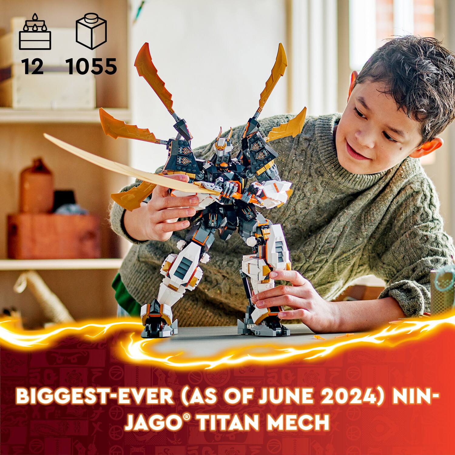 The text on the image reads: "12 1055 20 BIGGEST-EVER (AS OF JUNE 2024) NIN-JAGO TITAN MECH."