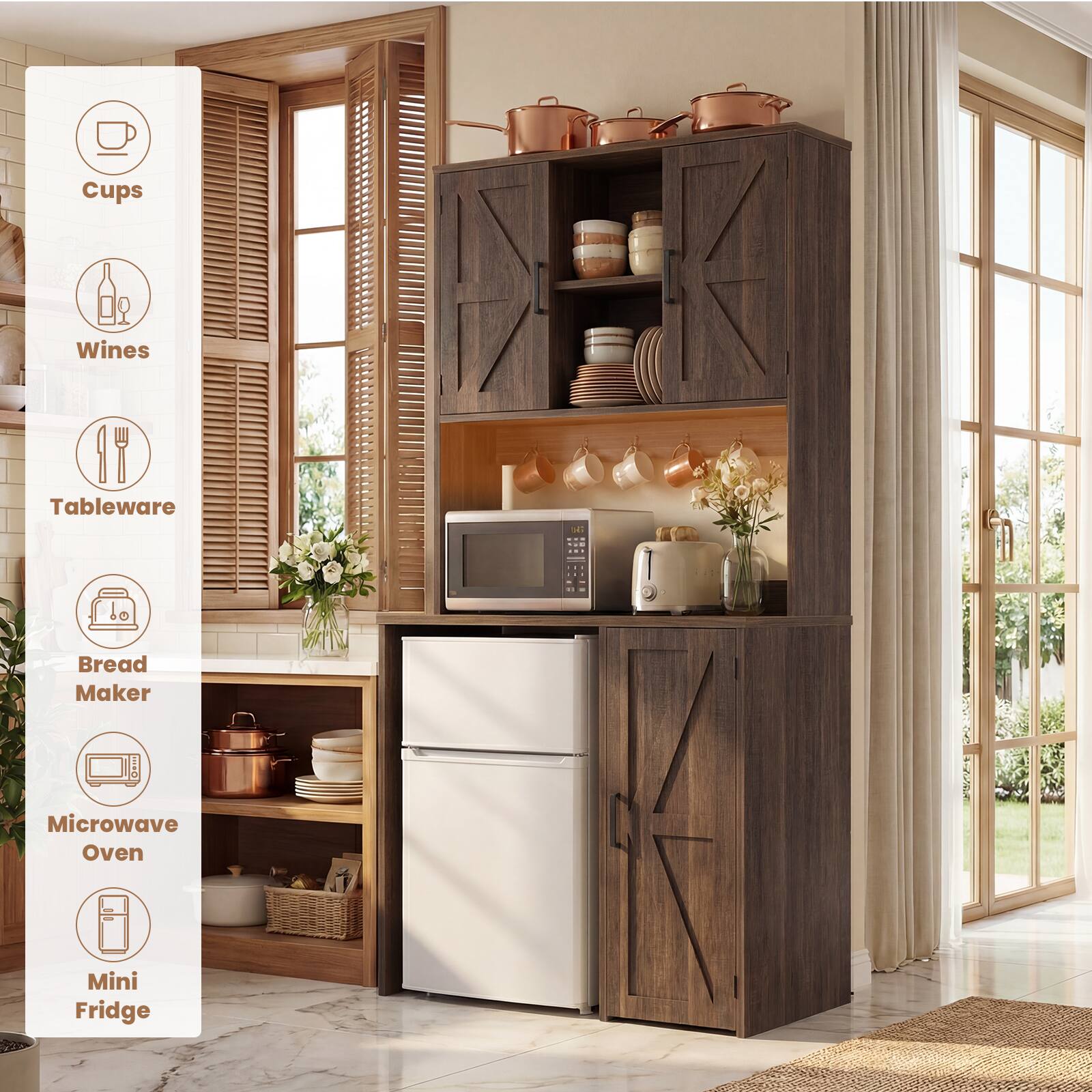 Cups  
Wines  
Tableware  
Bread Maker  
Microwave Oven  
Mini Fridge