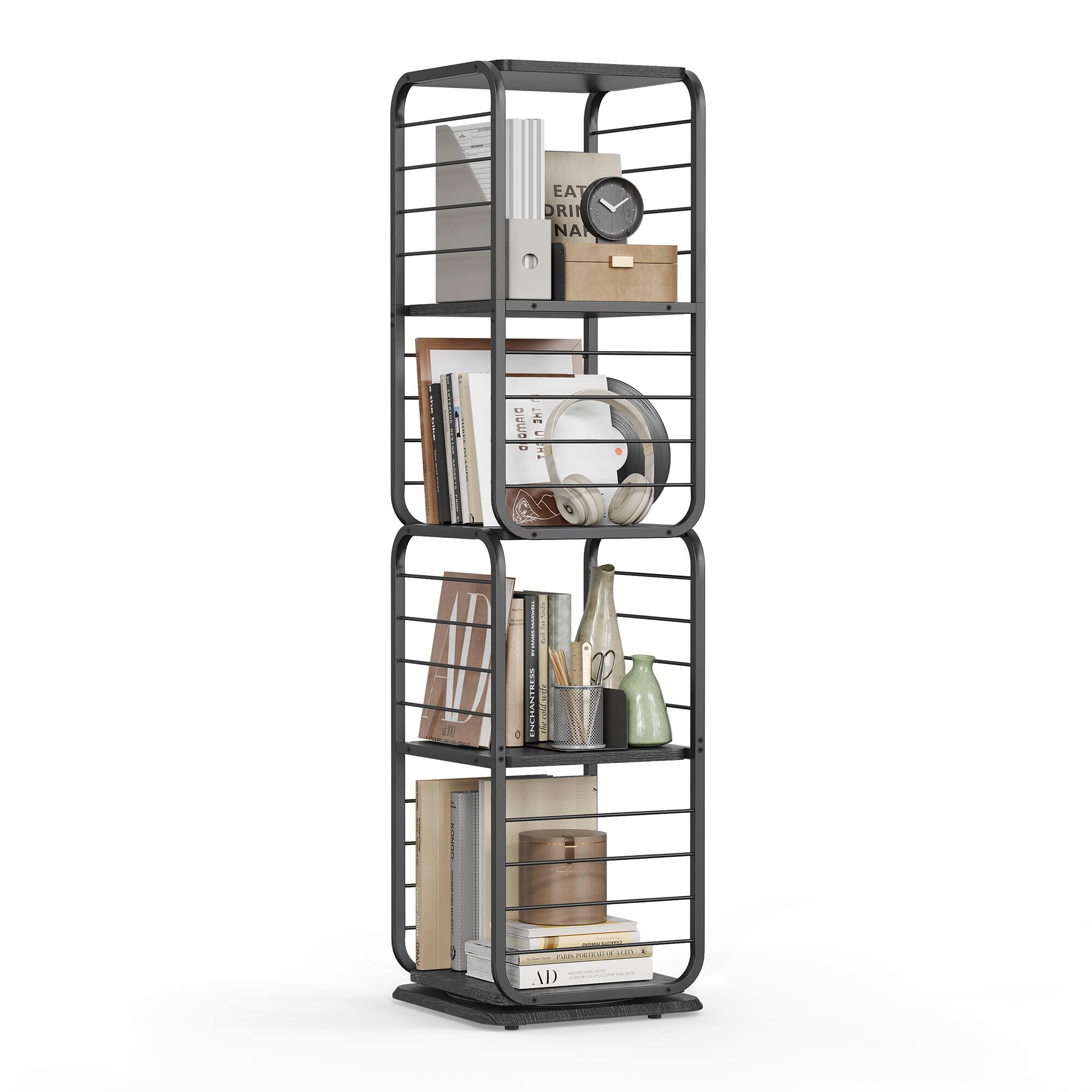 Songmics Home - 4-Tier Bookshelf, Rotating Bookcase with Bookends for Small Spaces, Corner Shelf, Steel Frame - Ebony Black and Ink Black