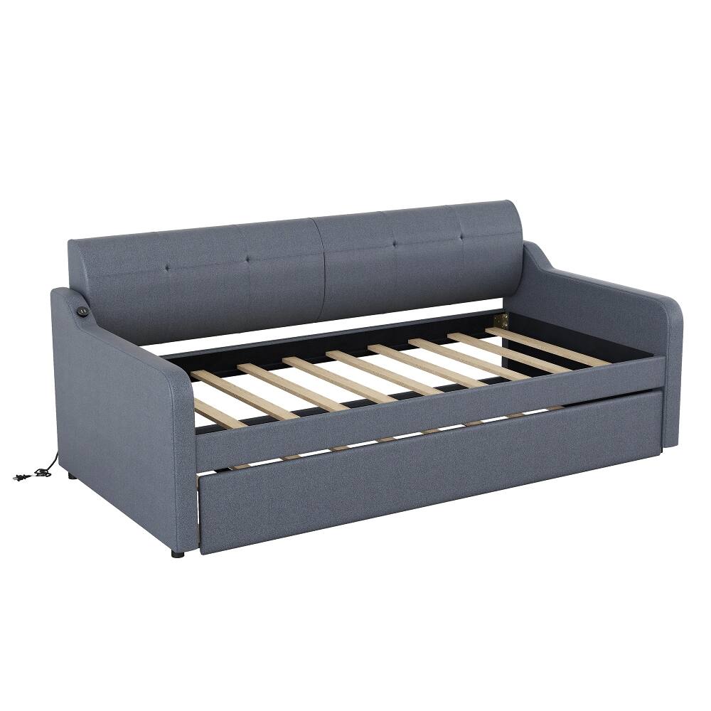 Alt View 9. Loheer - Loheer Twin Daybed with Pop-Up Trundle, Gray Upholstered Guest Bed with USB Port, Space-Saving Frame - Gray.