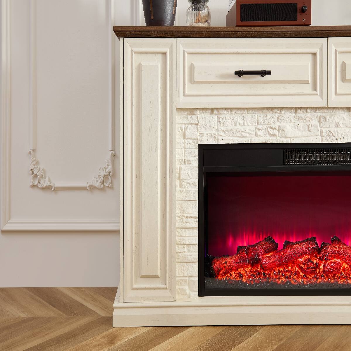 Alt View 6. Loheer - Loheer 70 Inch Fireplace TV Stand for 80 Inch TV, White Farmhouse Entertainment Center with 42 Inch Electric Heater - White.