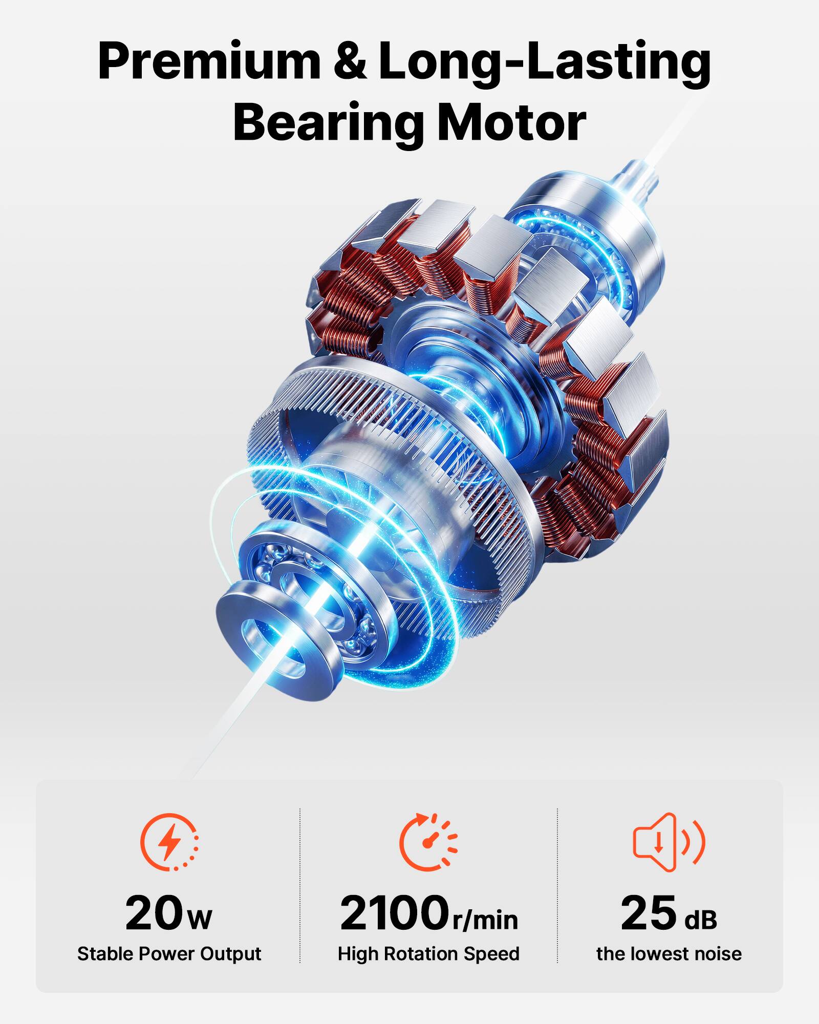 Premium & Long-Lasting Bearing Motor

- 20w Stable Power Output
- 2100 r/min High Rotation Speed
- 25 dB the lowest noise