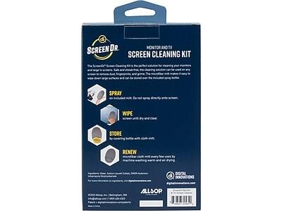 **SCREEN DR. MONITOR AND TV SCREEN CLEANING KIT**

**SPRAY**  
Do not spray directly onto screen. Spray onto included microfiber cloth.

**WIPE**  
Wipe screen until dry and clean.

**STORE**  
By covering bottle with cloth cap.

**RENEW**  
Microfiber cloth can be washed every few uses. Machine wash warm and air dry.

**DIGITAL INNOVATIONS**  
ALLSOP

*The ScreenDr™ Screen Cleaning Kit is the perfect solution for cleaning your monitor and TV screens. Safe and streak-free, the cleaning solution can be used on any screen to remove dust, fingerprints, and grime. The microfiber cloth makes it easy to clean large surfaces and can be stored over the included spray bottle.*

*For more information, visit www.screendr.com or call 1-800-555-5555.*