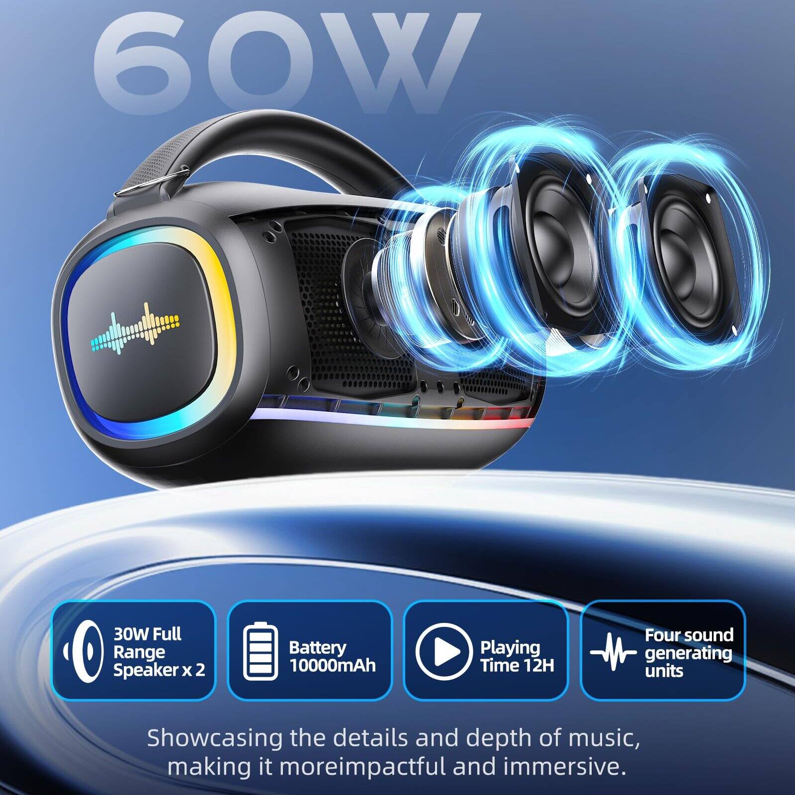 60W

30W Full Range Speaker x 2  
Battery 10000mAh  
Playing Time 12H  
Four sound generating units  

Showcasing the details and depth of music, making it more impactful and immersive.
