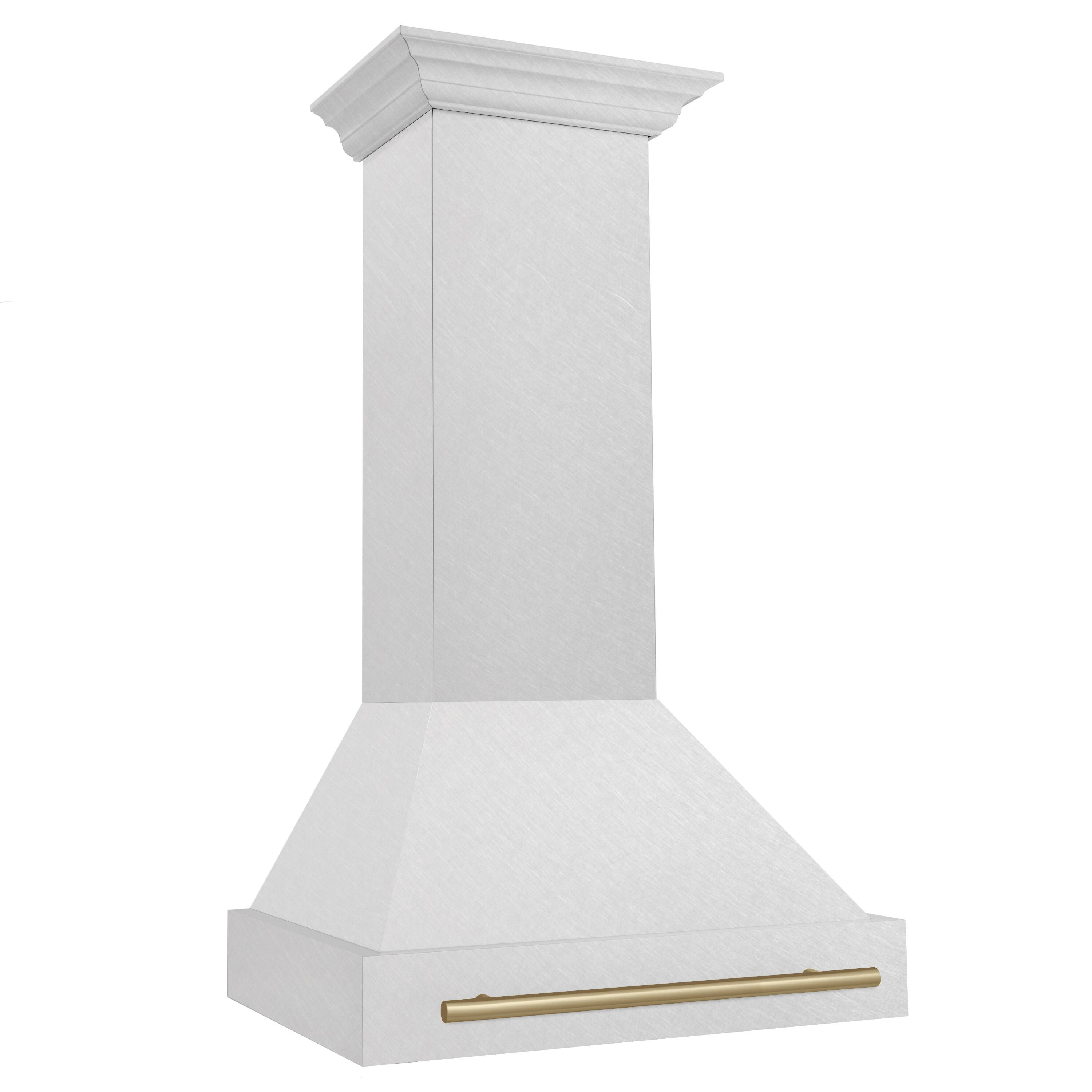 Angle. ZLINE - ZLINE Autograph Edition 30 in. Satin Stainless Steel Wall Mount Range Hood with Champagne Bronze Handle (8654SNZ-30-CB) - Satin Stainless Steel.