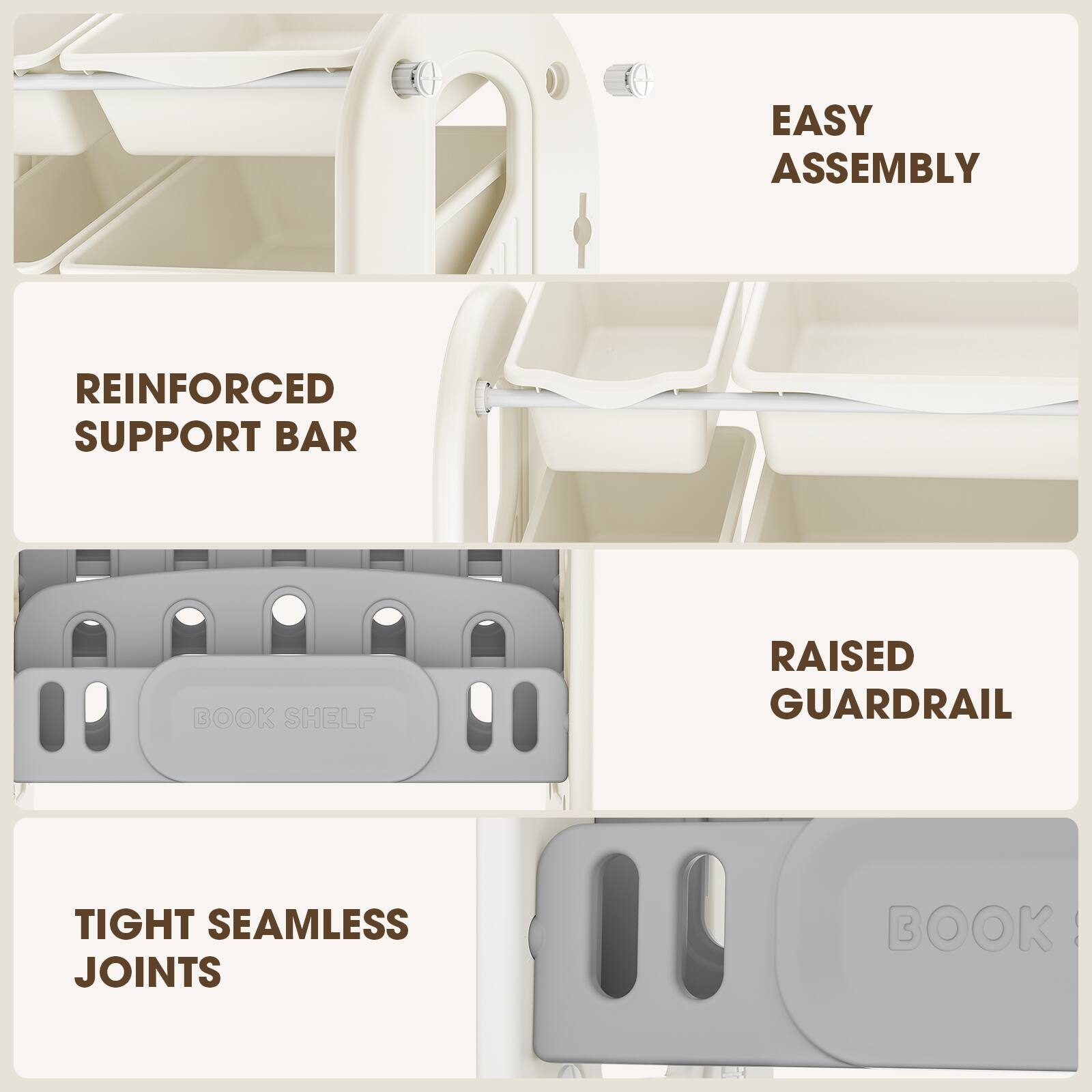 - EASY ASSEMBLY
- REINFORCED SUPPORT BAR
- RAISED GUARDRAIL
- TIGHT SEAMLESS JOINTS