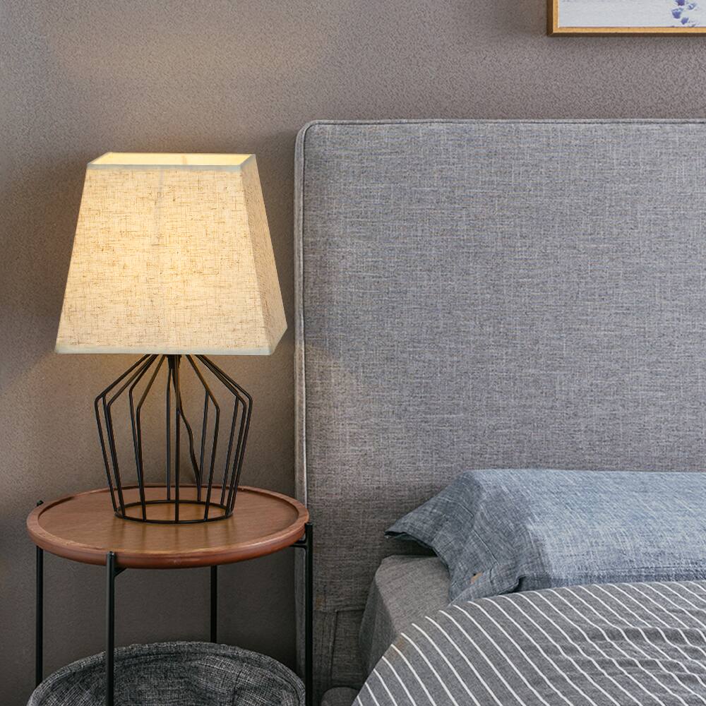 Alt View 1. Oumilen - Black Wire Cage Table Lamp with Trapezoidal Fabric Shade, E26 Socket & 67In Cord.