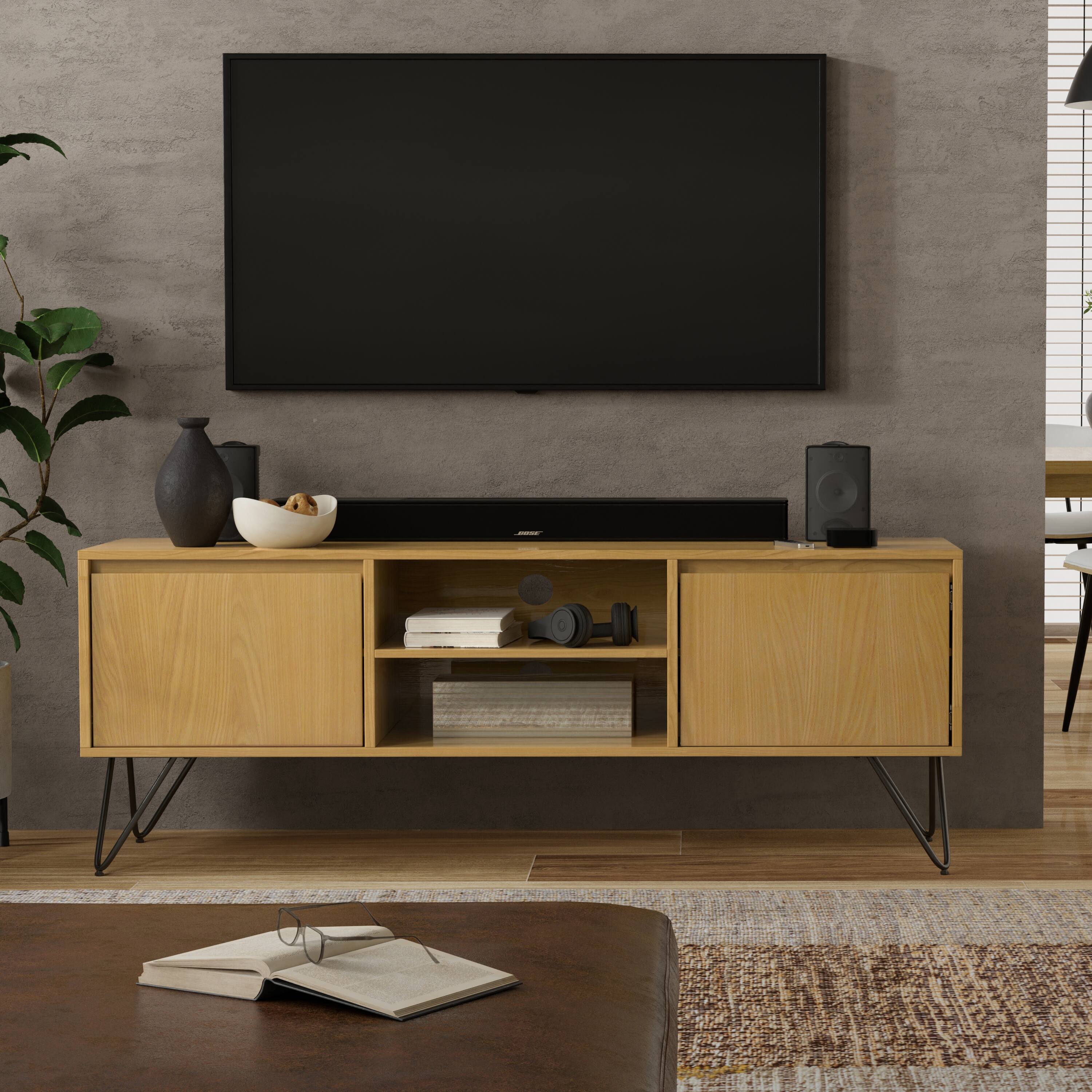 Alt View 1. Simpli Home - Hunter TV Media Stand - Oak Veneer.