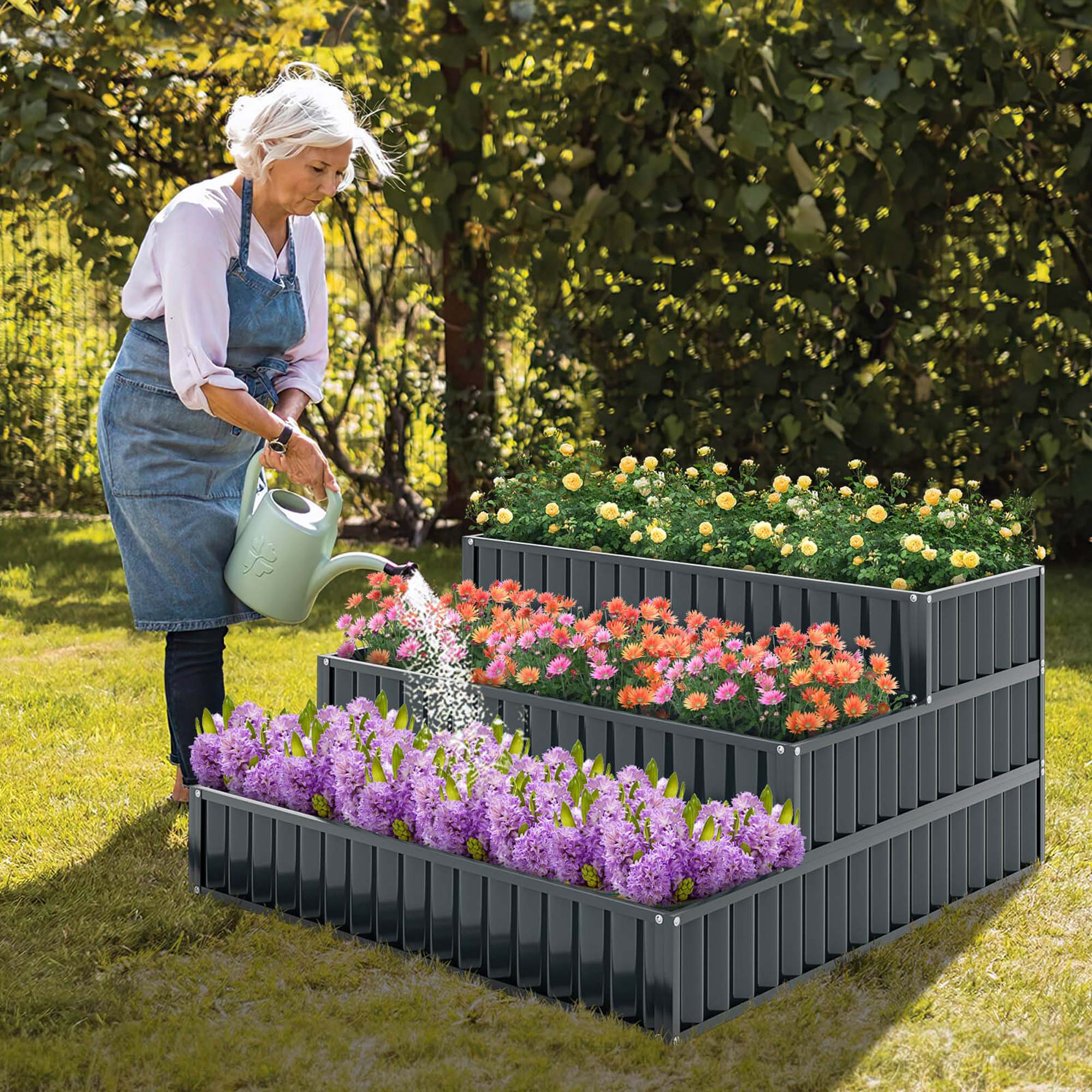 Alt View 5. Costway - 2 PCS 3-Tier Raised Garden Bed,47" x 47" x 24" Metal Outdoor Elevated Planter Box - Black.
