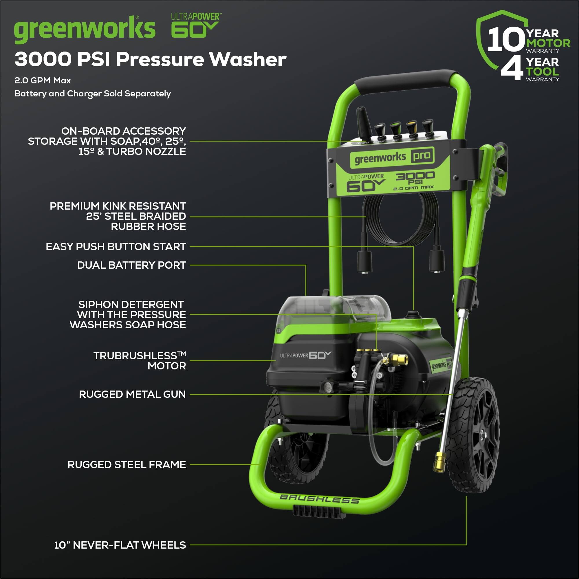 **ULTRAPOWER 60V 3000 PSI Pressure Washer**

- **2.0 GPM Max**
- **Battery and Charger Sold Separately**

**Features:**

- **ON-BOARD ACCESSORY STORAGE WITH SOAP, 40°, 25°, 15° & TURBO NOZZLE**
- **PREMIUM KINK RESISTANT 25' STEEL BRAIDED RUBBER HOSE**
- **EASY PUSH BUTTON START**
- **DUAL BATTERY PORT**
- **SIHON DETERGENT WITH THE PRESSURE WASHER'S SOAP HOSE**
- **TRUBRUSHLESS™ MOTOR**
- **RUGGED METAL GUN**
- **RUGGED STEEL FRAME**
- **10" NEVER-FLAT WHEELS**

**Warranty:**
- **10 YEAR MOTOR WARRANTY**
- **4 YEAR TOOL WARRANTY**

**Additional Details:**
- **ULTRAPOWER 60V**
- **3000 PSI**
- **2.0 GPM MAX**
