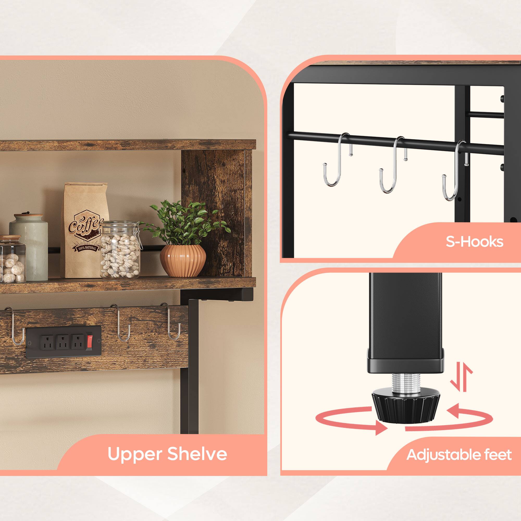 - Coffee
- CA MF
- S-Hooks
- Upper Shelf
- Adjustable feet