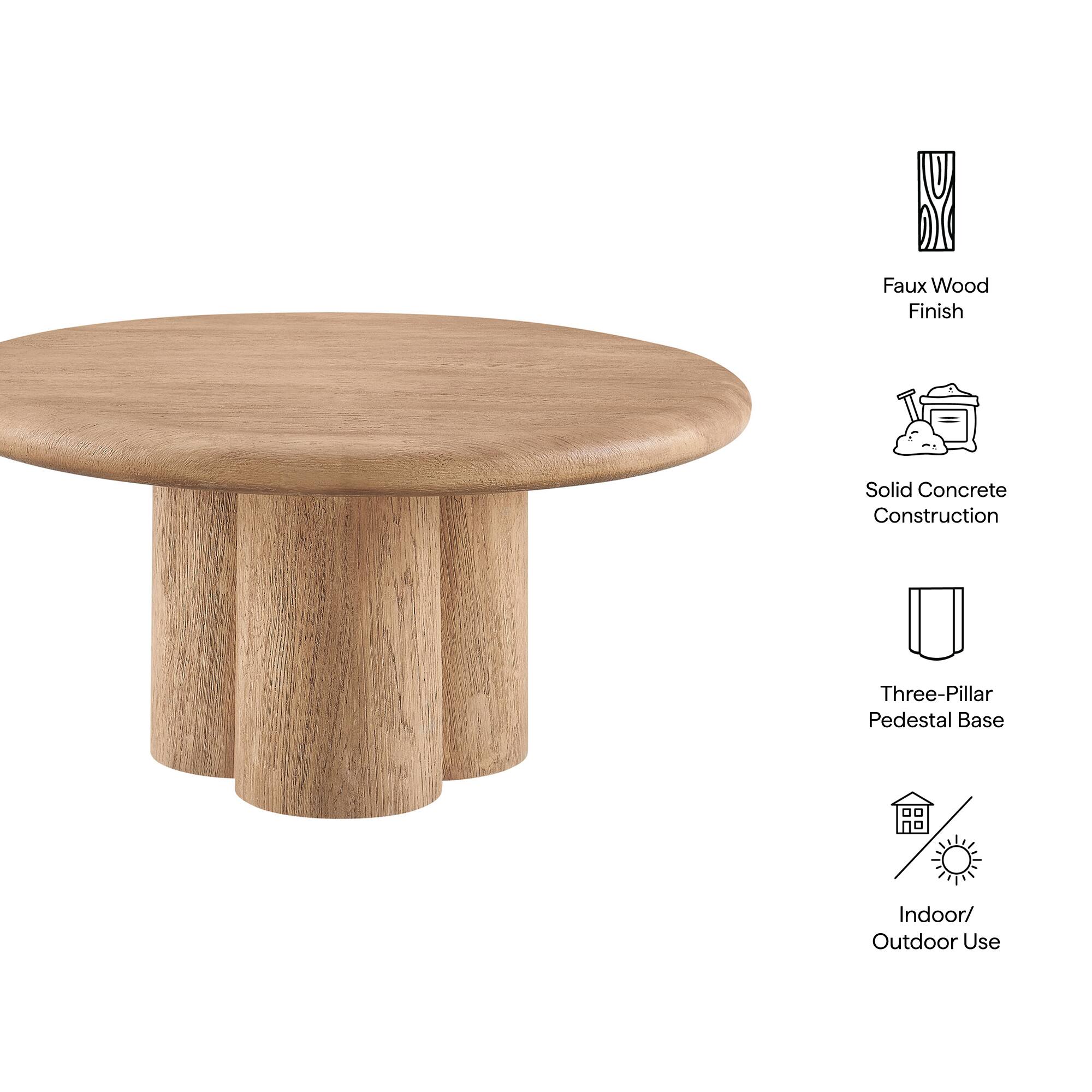 Faux Wood Finish  
Solid Concrete Construction  
Three-Pillar Pedestal Base  
Indoor/Outdoor Use