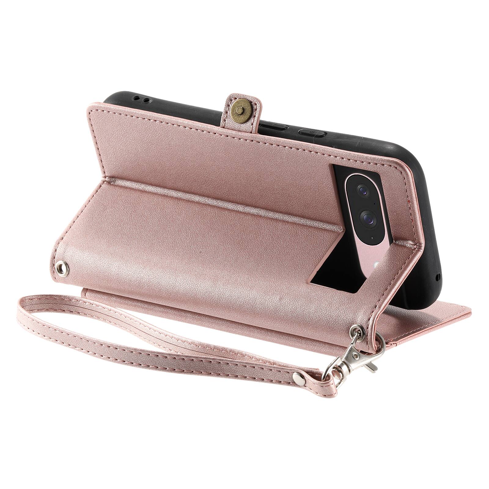 Alt View 4. Dteck - Foilo Wallet Case for Google Pixel 10 /10 Pro,Shockproof Card Holder PU Leather Magnetic Snap Phone Cover with Lanyard - Rosegold.