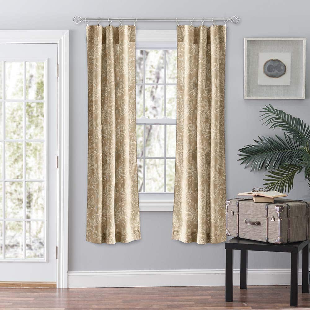 Ellis Curtain - Lexington Leaf Pattern on Colored Ground Curtain Pair with Ties 56"x63" - Tan