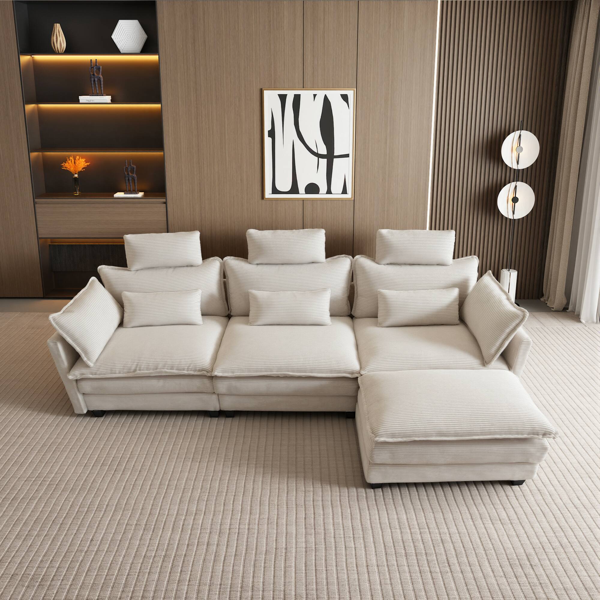 Angle. Homsee - Corduroy L-Shaped Sectional Sofa, 4-Seater Living Room Couch with High Backrest, Pocket Springs & Plush Pillows - White.