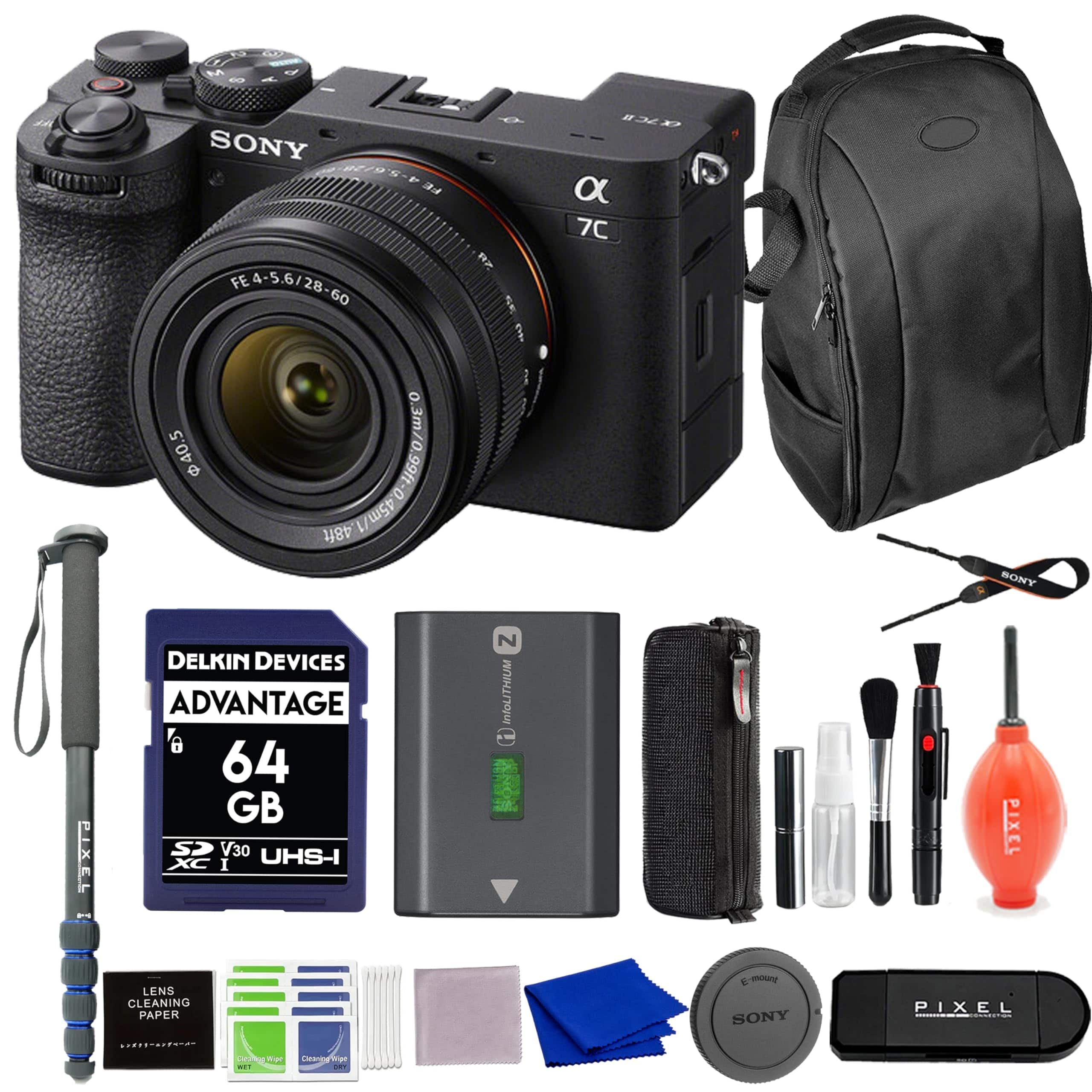 Sony - Alpha 7C II Full-Frame Camera with 28-60mm Lens (Black) Bundle with Backpack, Monopod & More