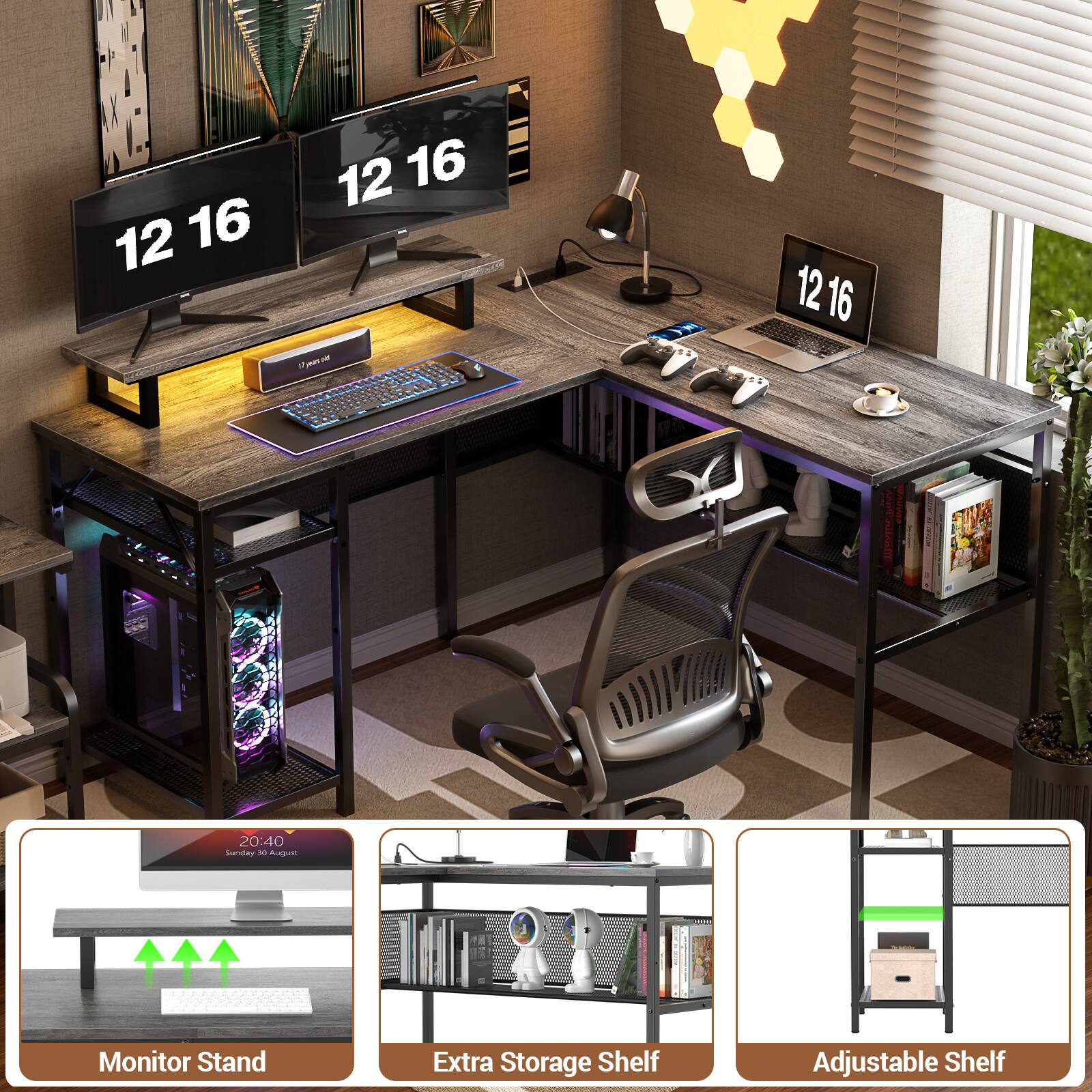 12 16 1216 12 16 - 3 pen 12 12.16 I | naitAom 1 20:40 CPy d An di Monitor Stand Extra Storage Shelf Adjustable Shelf