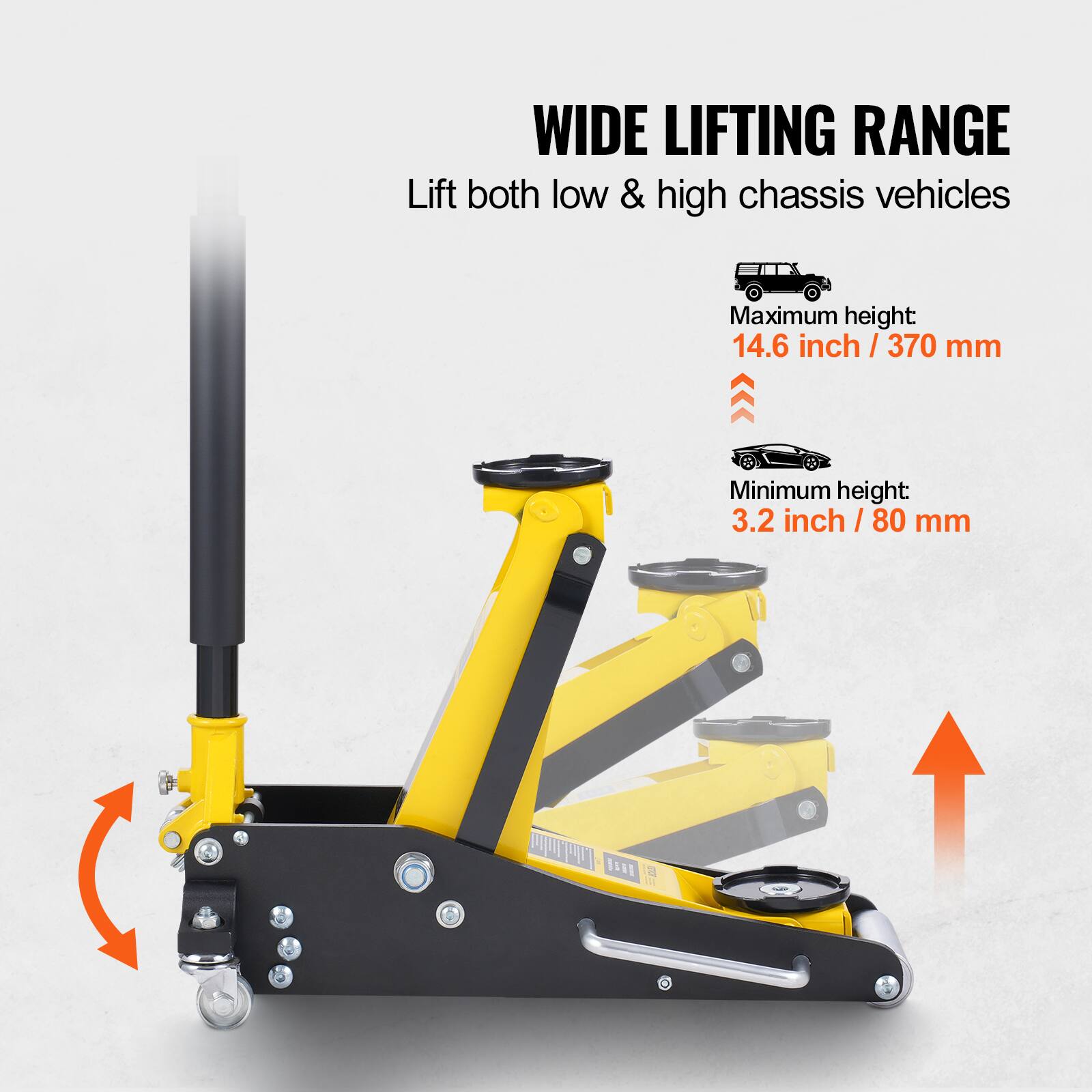 WIDE LIFTING RANGE  
Lift both low & high chassis vehicles  
Maximum height: 14.6 inch / 370 mm  
Minimum height: 3.2 inch / 80 mm