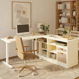 ModernMate - 67"L Shaped Standing Desk with Drawers and File Cabinet, AC/USB, 1.18"Desktop, Height Adjustable Wood Desk - White Rattan