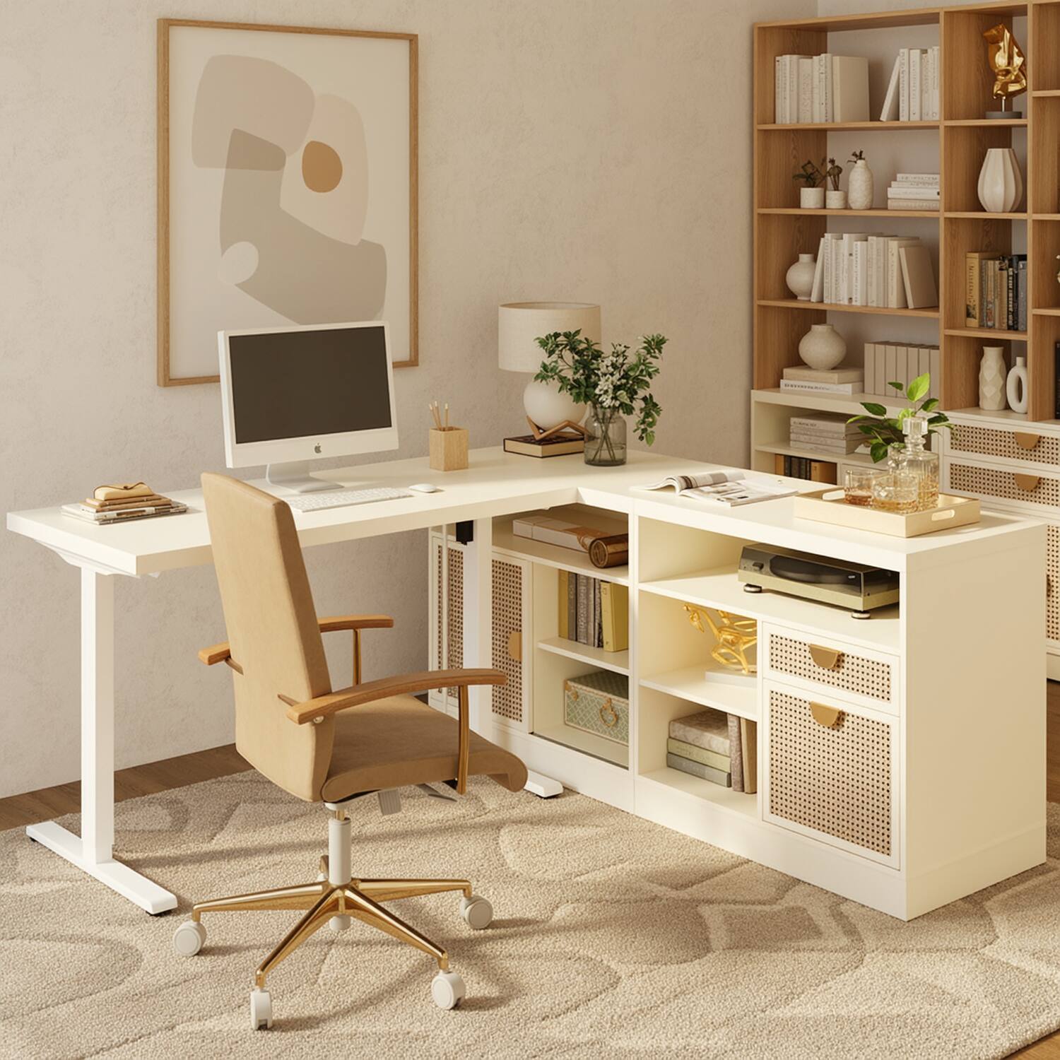 Front. ModernMate - 67"L Shaped Standing Desk with Drawers and File Cabinet, AC/USB, 1.18"Desktop, Height Adjustable Wood Desk - White Rattan.