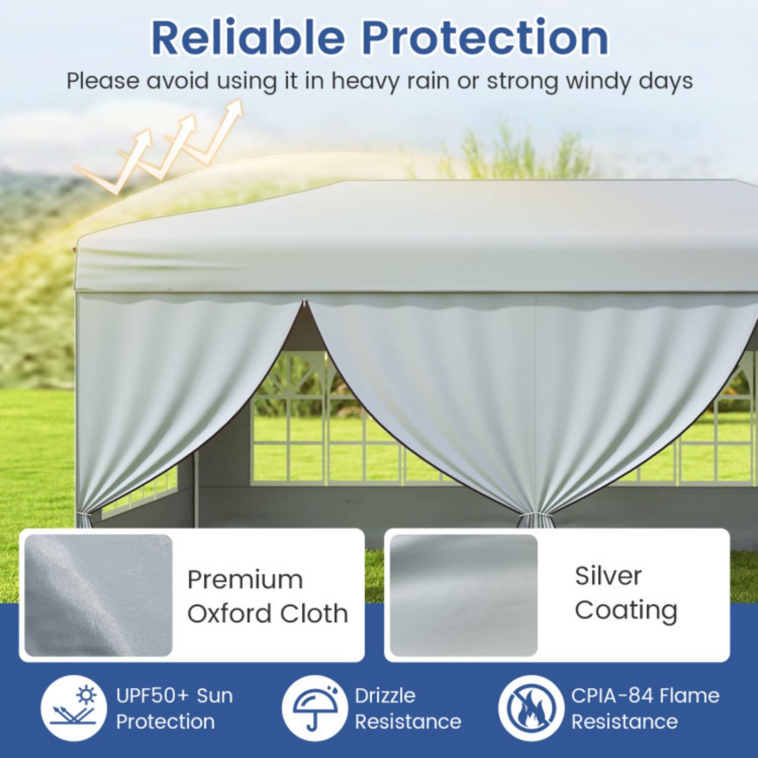 Reliable Protection  
Please avoid using it in heavy rain or strong windy days  

- Premium Oxford Cloth  
- Silver Coating  
- UPF50+ Sun Protection  
- Drizzle Resistance  
- CPIA-84 Flame Resistance
