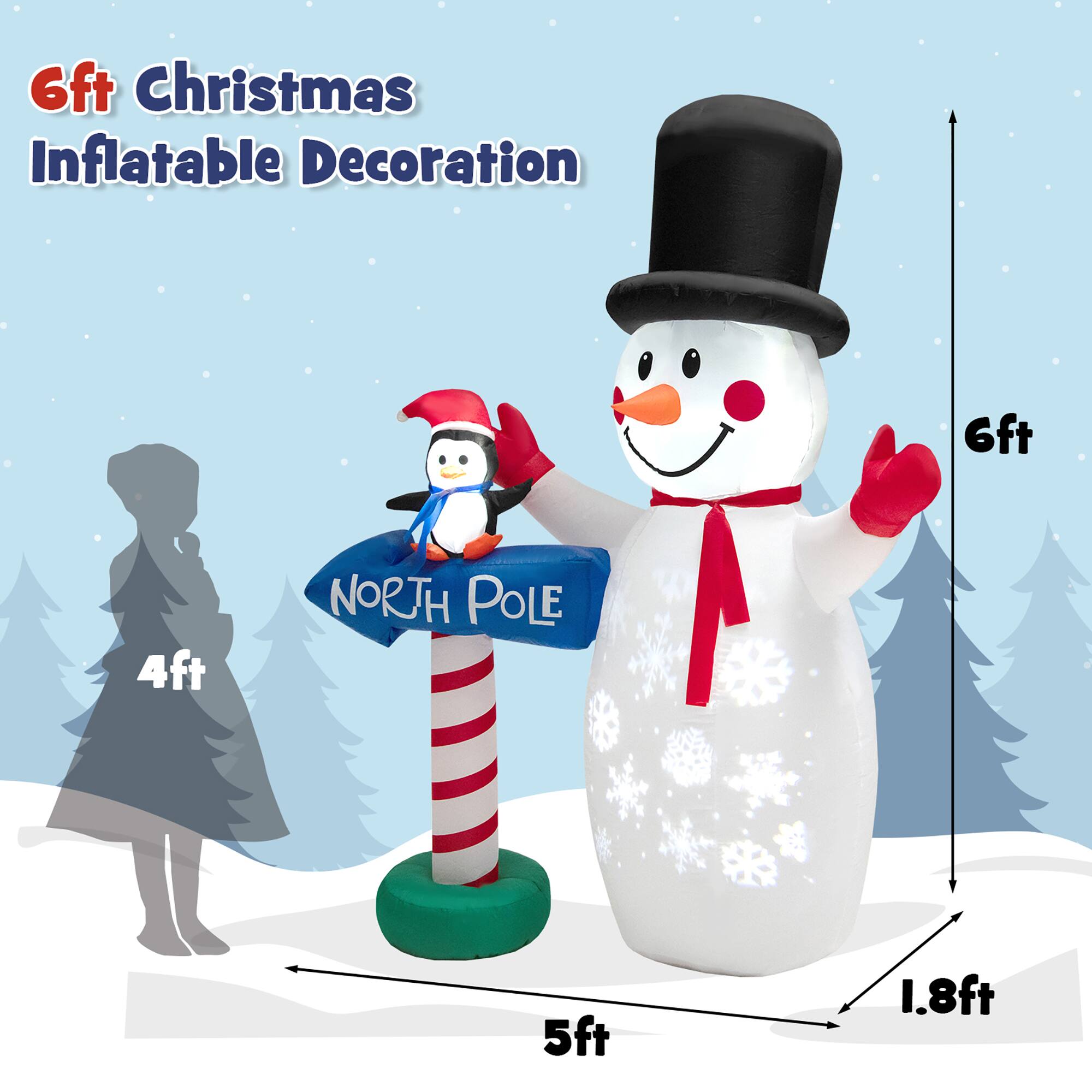 6ft Christmas Inflatable Decoration

- Snowman: 6ft
- Sign: 5ft
- Base: 1.8ft
- Comparison figure: 4ft