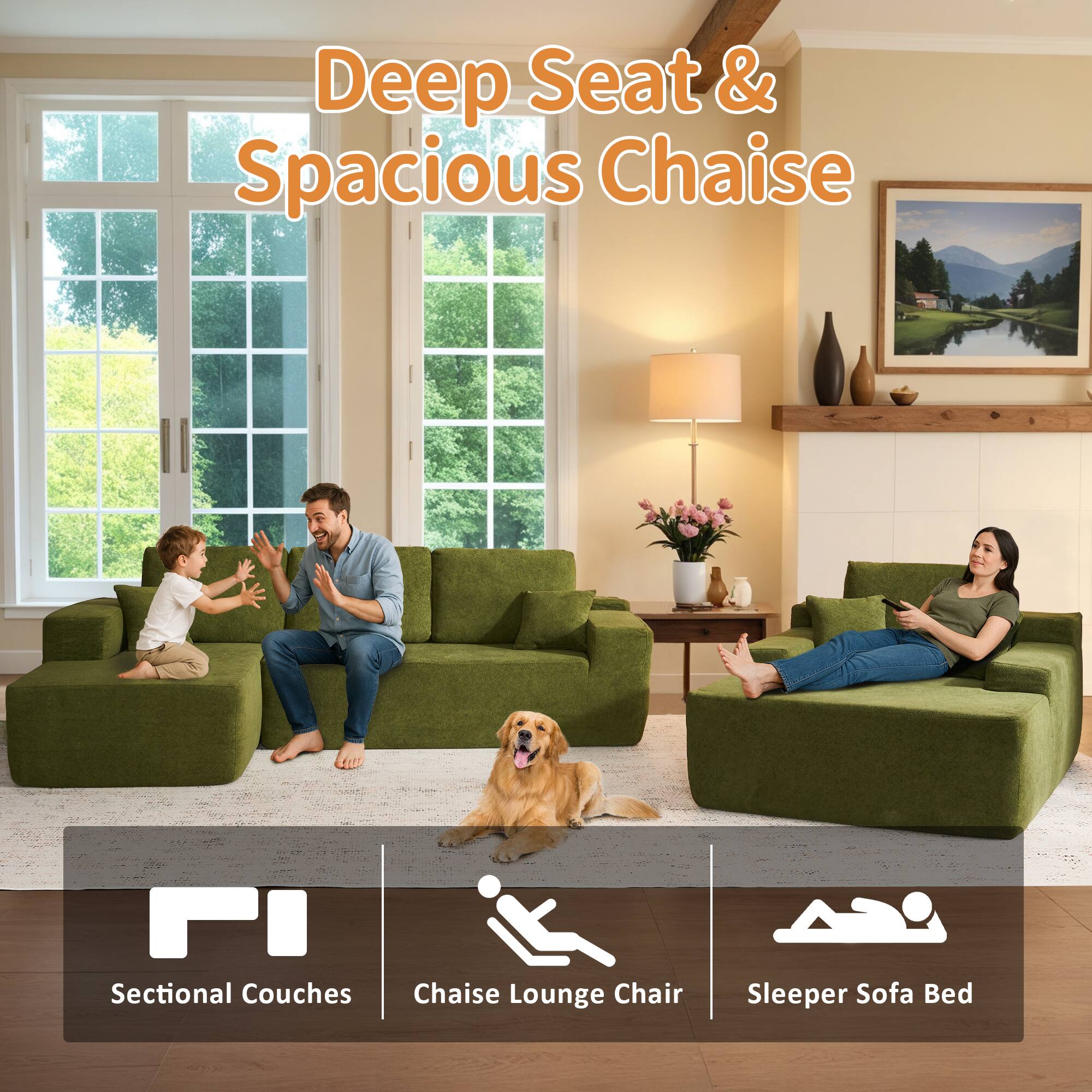 Deep Seat & Spacious Chaise

Sectional Couches | Chaise Lounge Chair | Sleeper Sofa Bed